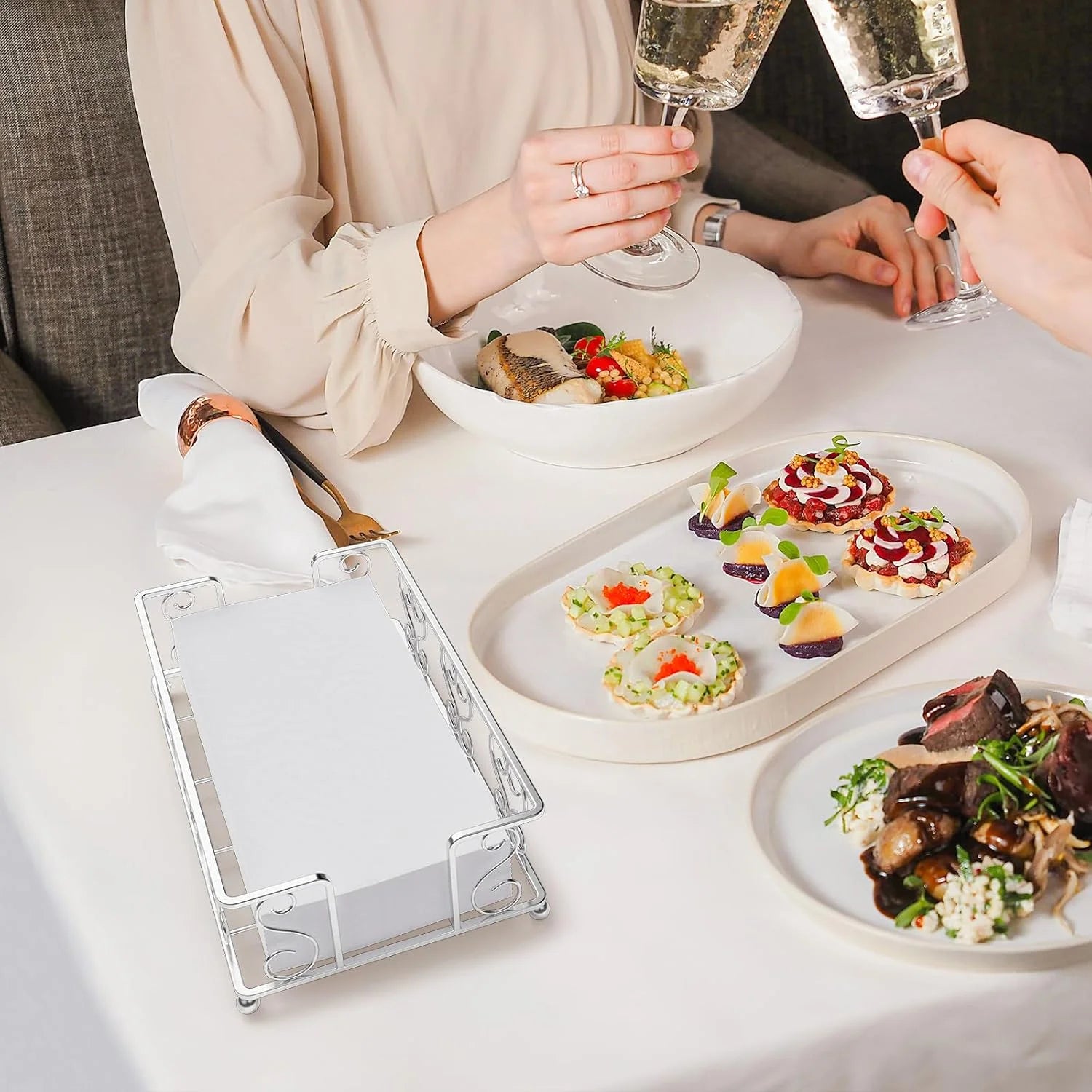 Napkin Holder &amp; Guest Towel Tray - Stainless Steel Disposable Paper Towel Dispenser for Bathroom Table Kitchen Countertop Dinner Table Vanity