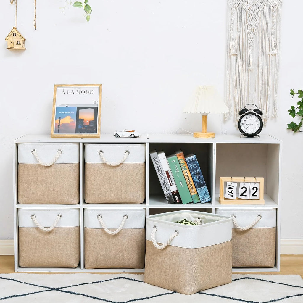 11 x 11 Inch Storage Cubes 6 Pack Large Collapsible Fabric Storage Bin White&amp;Beige