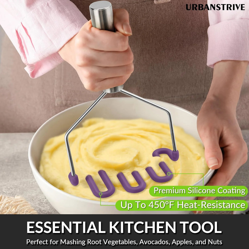 Scratch-resistant silicone potato mash maker kitchen tool stainless steel outer layer wrapped with high-quality silicone.