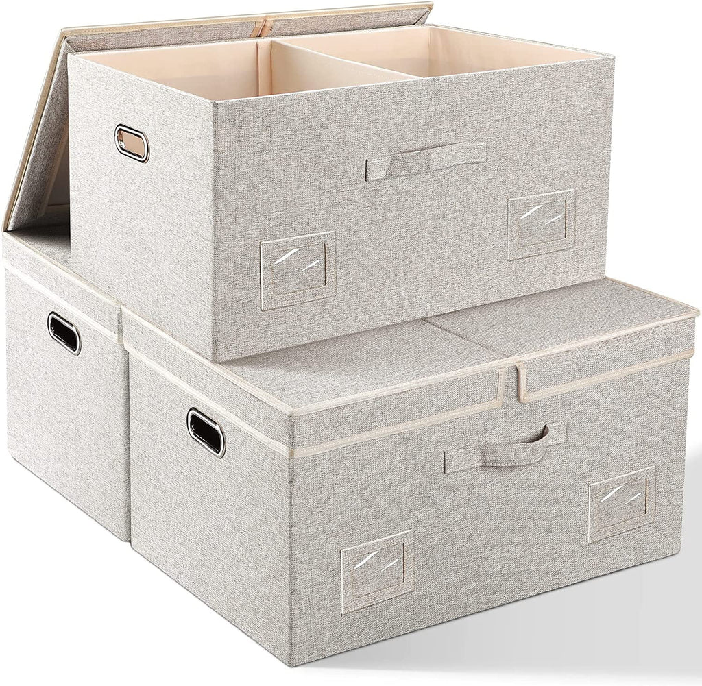 Large 17" 36 Quart Collapsible Stackable Storage Bins with Lids 3 Packs White Linen Fabric Closet Boxes with Lids Storage Cube Baskets Container Organizers for Bedroom Office(17 x12 x11)