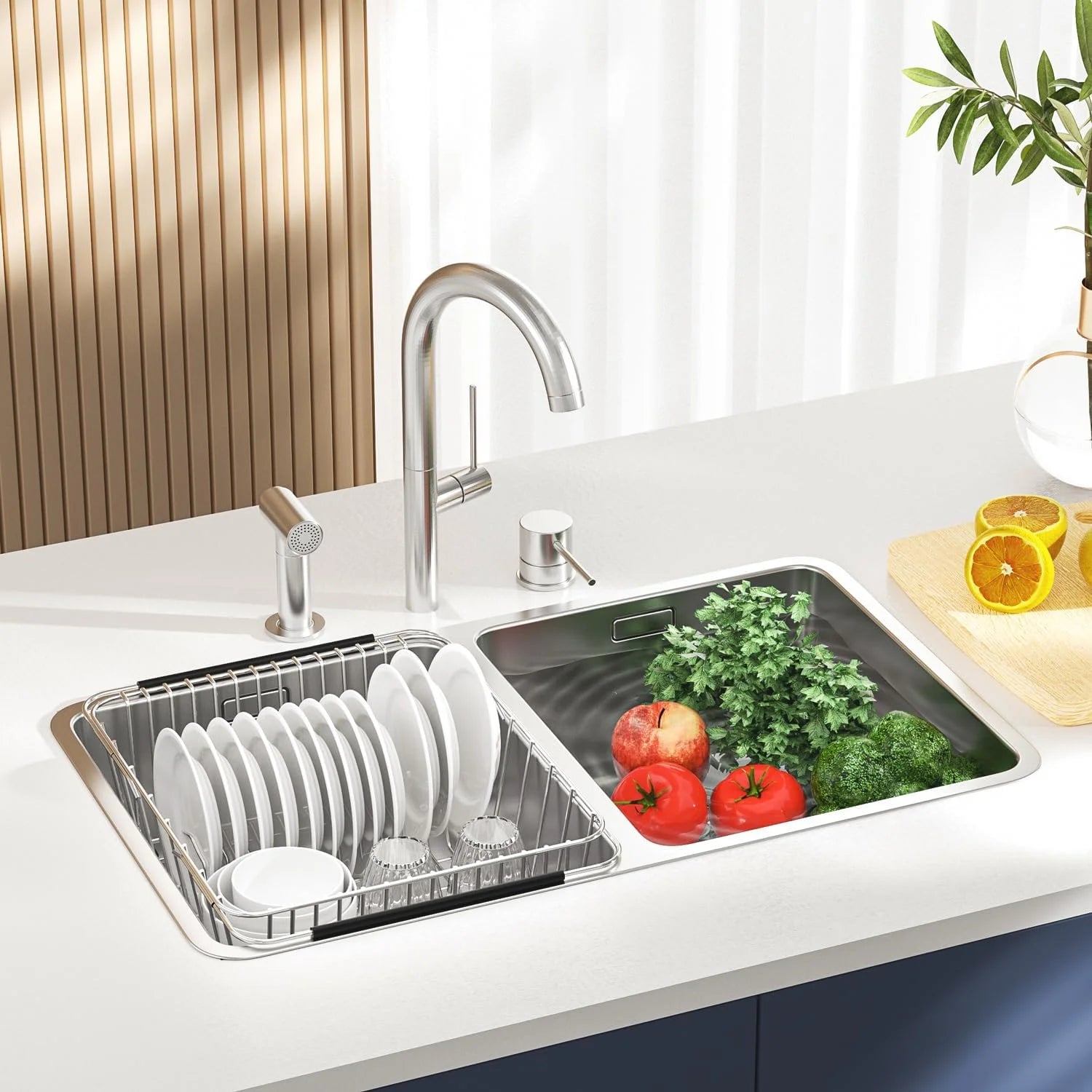 Dish Drying Rack in-Sink 304 Stainless Steel Dish Drainer with Stainless Steel Silverware Holder Over Inside Sink-Adjustable