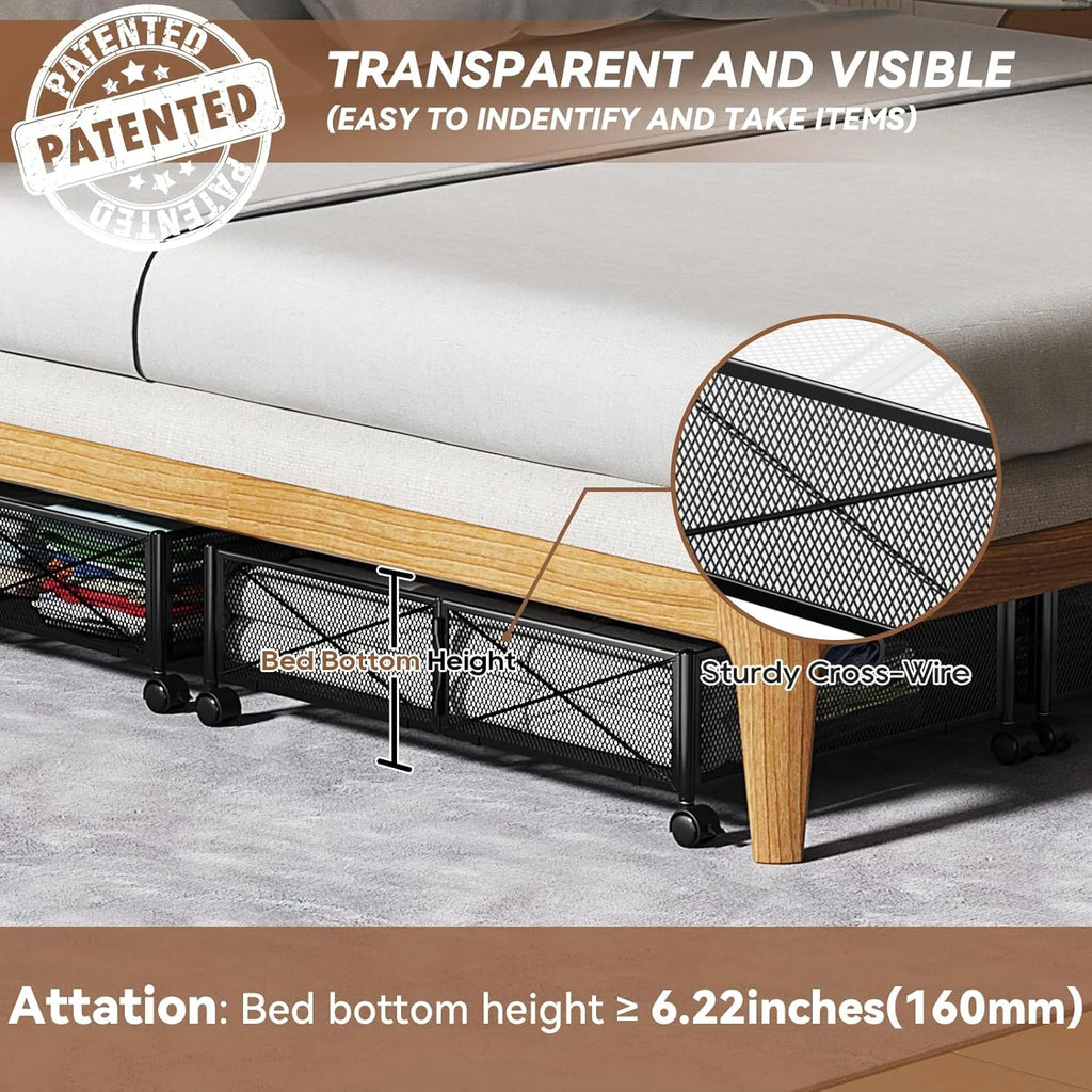 Under Bed Storage Containers with Wheels - Shoe Storage Organizer Drawer Tool-free Assembly Metal Underbed Storage for Bedroom Clothes Shoes Blankets - 2Pack