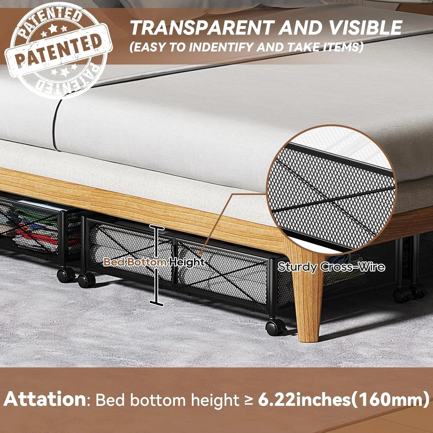 Under Bed Storage Containers with Wheels - Shoe Storage Organizer Drawer Tool-free Assembly Metal Underbed Storage for Bedroom Clothes Shoes Blankets - 2Pack