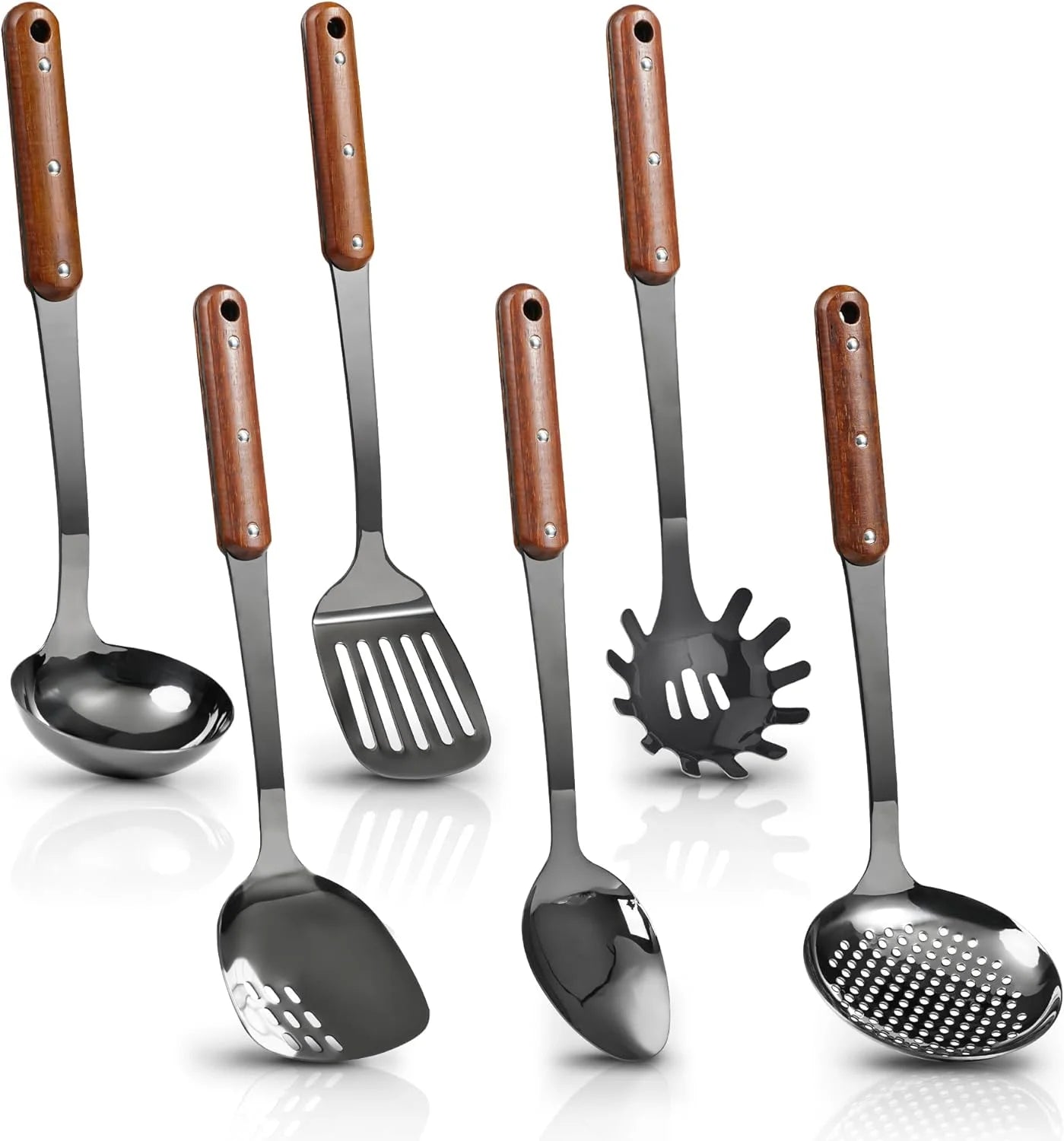 Stainless Steel Cooking Utensils Set Mirror Polished 6 Pieces Kitchen Utensils Set Kitchen Tools Set With Wooden Handle Non-Stick Heat Resistant,Dishwasher Safe Easy to Clean