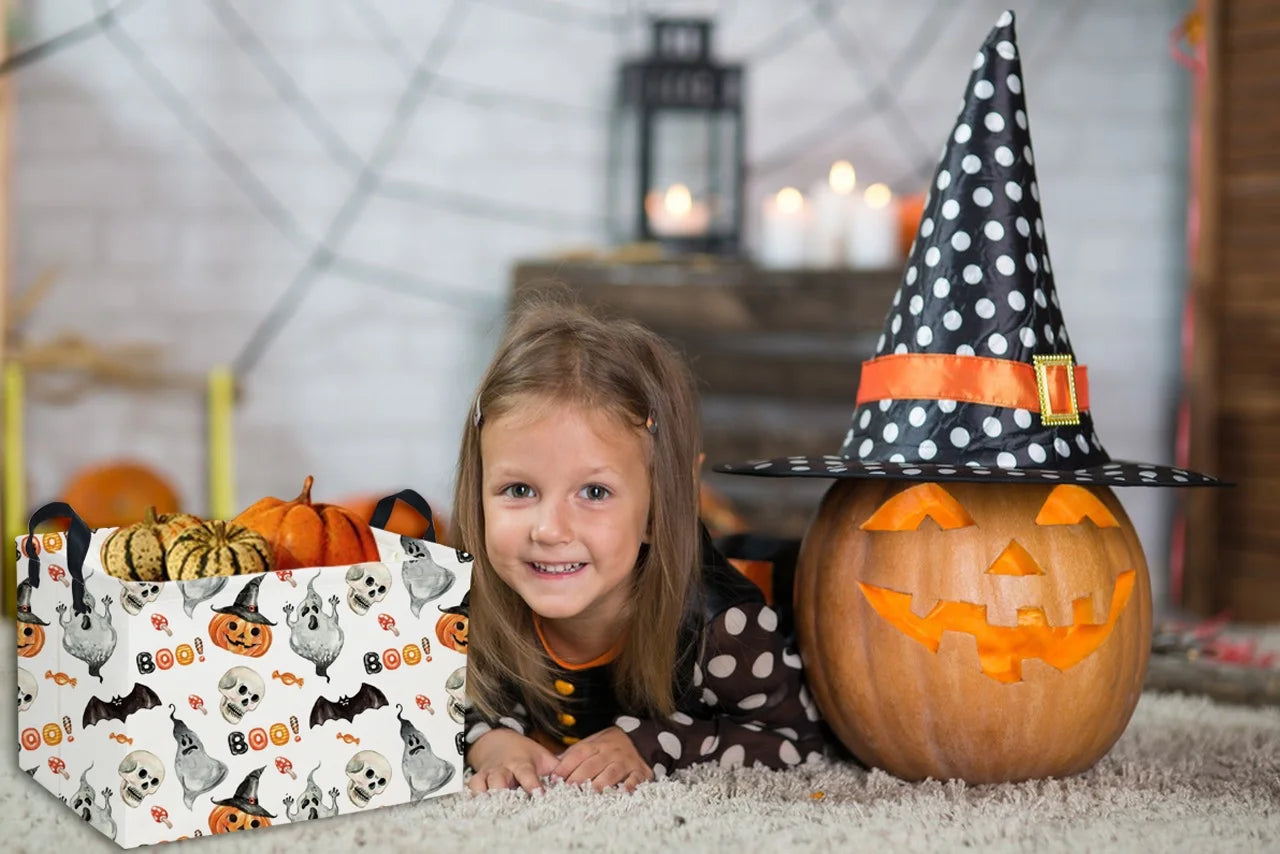 Rectangular Kids Storage Bin Halloween Basket Cartoon Storage Basket with Handles for Organizing Home Kitchen Boys and Girls Toys Bins Shelf Baskets(Watercolor Halloween)