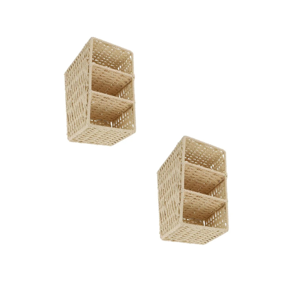 2pcs Woven 3 Compartments Woven Storage Box Bin Makeup Container Cube Organizer Divider for Home Bathroom Bedroom Closet Table Remote Beige