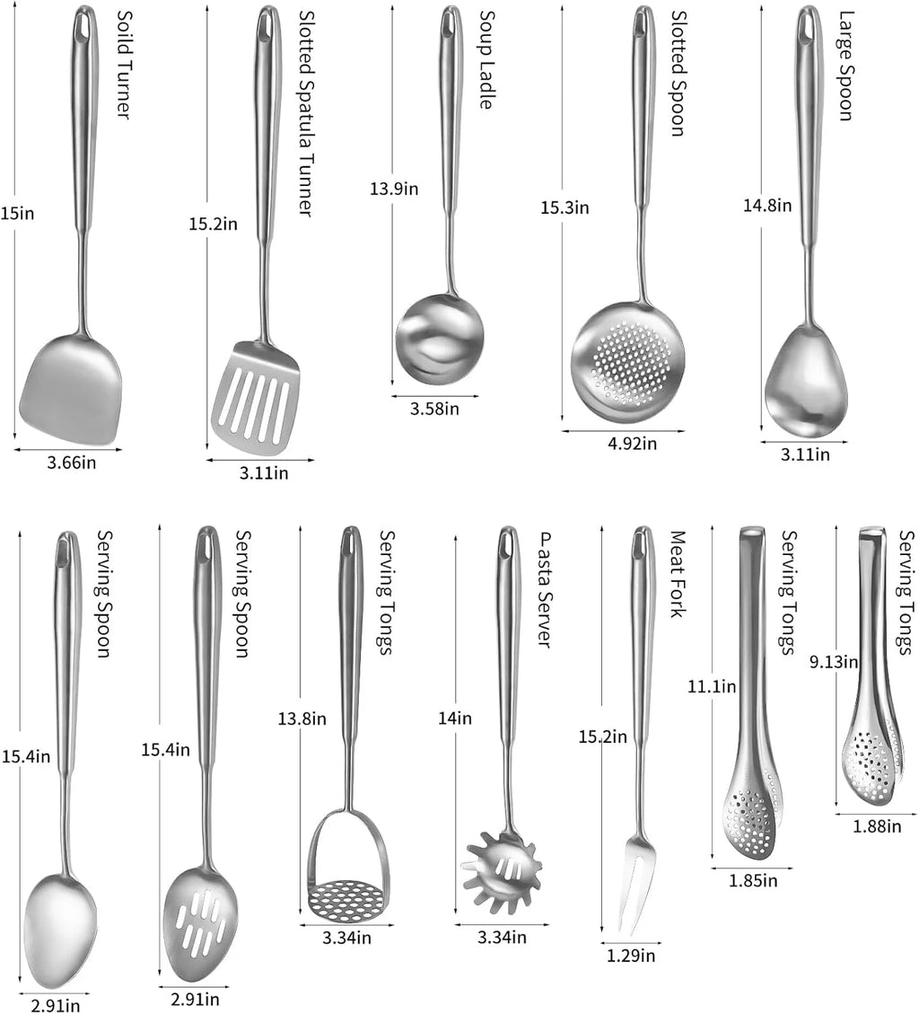 304 Stainlss Steel Kitchen Utensils Set 12 Pcs Long Metal Cooking Utensil Gadgets Tools Set with Spatula Ladle Spoon Ladle Skimmer Tunner Pasta Server Tongs(Silver Dishwasher Safe)