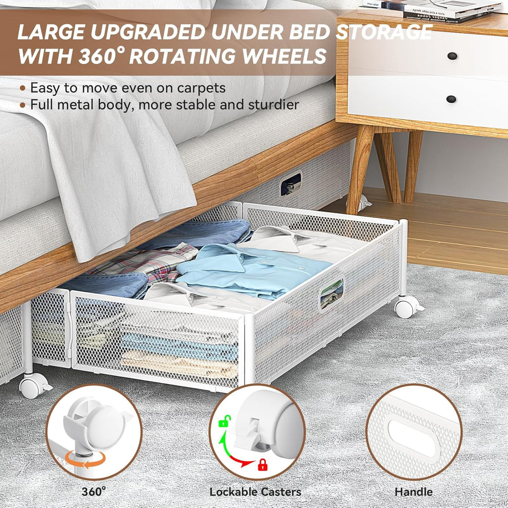 Under Bed Storage Containers with Wheels - Shoe Storage Organizer Drawer Tool-free Assembly Metal Underbed Storage Containers for Bedroom Clothes Shoes Blankets - 2Pack