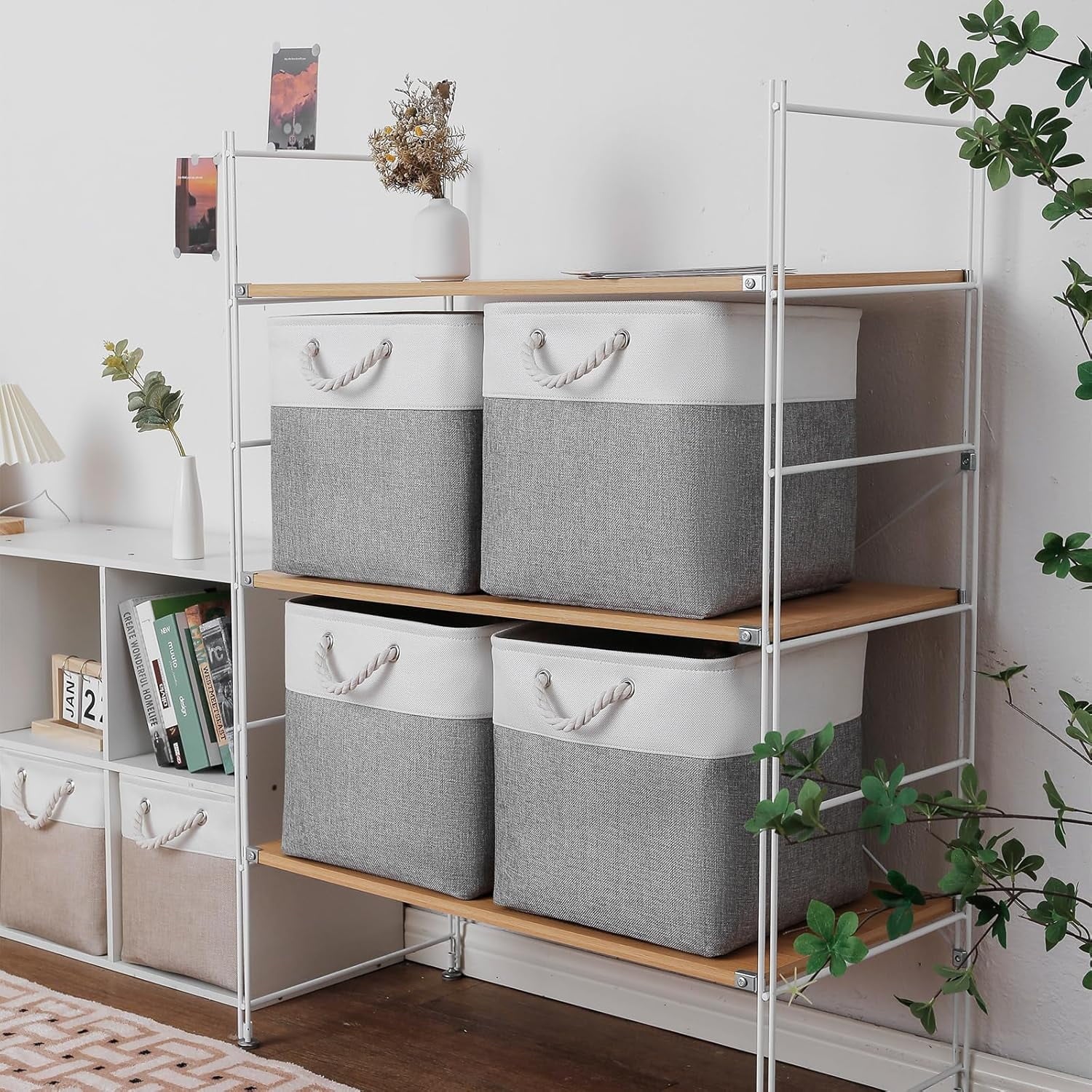 13 x 13 Inch Cube Storage Bins 6 Pack Extra Large Collapsible Fabric Storage Bin with Ropes Foldable Storage Cubes for Home (White &amp; Beige-13"x13"x13")