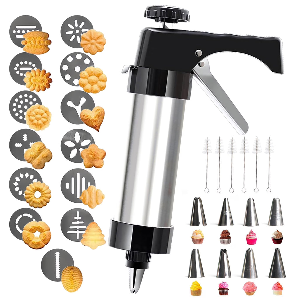 Stainless Steel Cookies Press Cookies Press for Baking,Cookie Press Gun Kit with 13 Cookie Discs and 8 Piping Tips for DIY cake Maker Decorating Baking Supplies