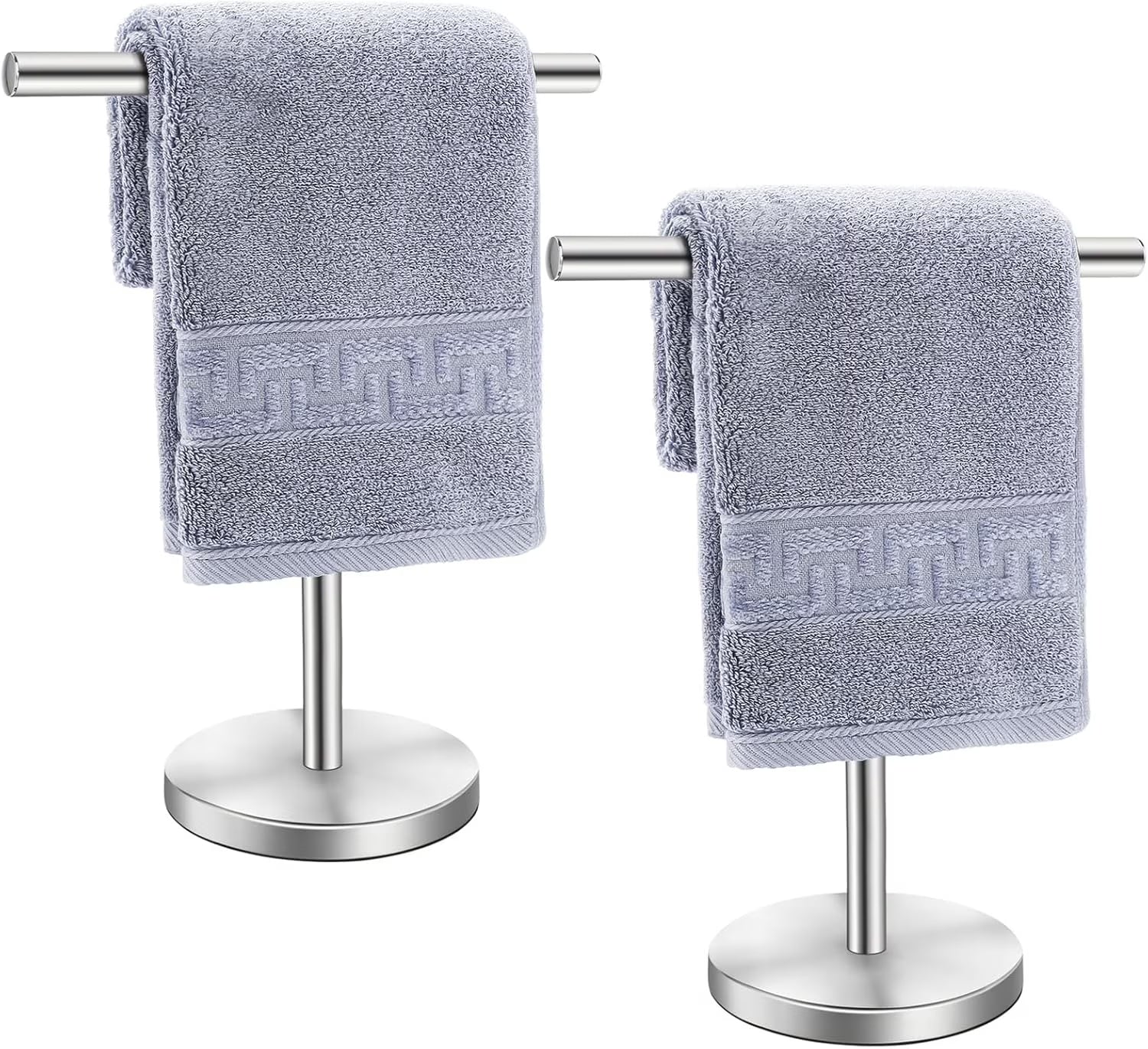 T-Shape Bath Hand Towel Holder Stand Stainless Steel Free Standing Hand Towel Rack with Heavy Base for Bathroom Kitchen &amp; Countertop Silver 2 Pack