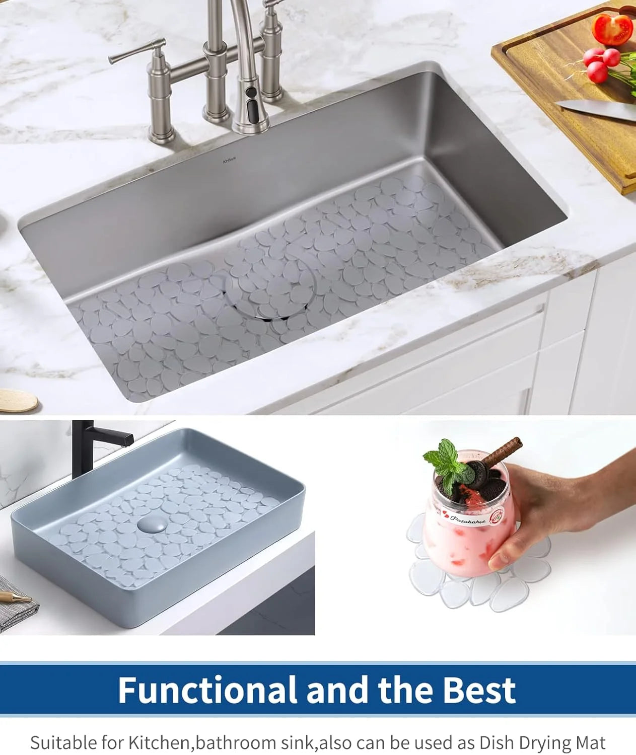 Bligli Pebble Sink Mat 2-Pack - PVC Kitchen Protector for Stainless Steel/Ceramic Dish Drying Mat for Dishes 15.7" x 11.8" Clear