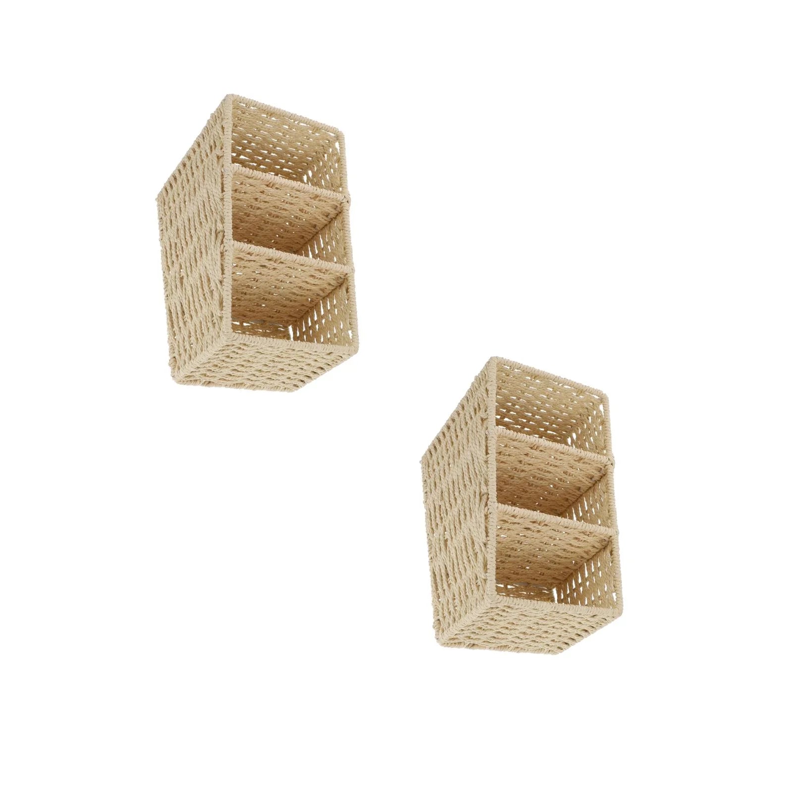 2pcs Woven 3 Compartments Woven Storage Box Bin Makeup Container Cube Organizer Divider for Home Bathroom Bedroom Closet Table Remote Beige