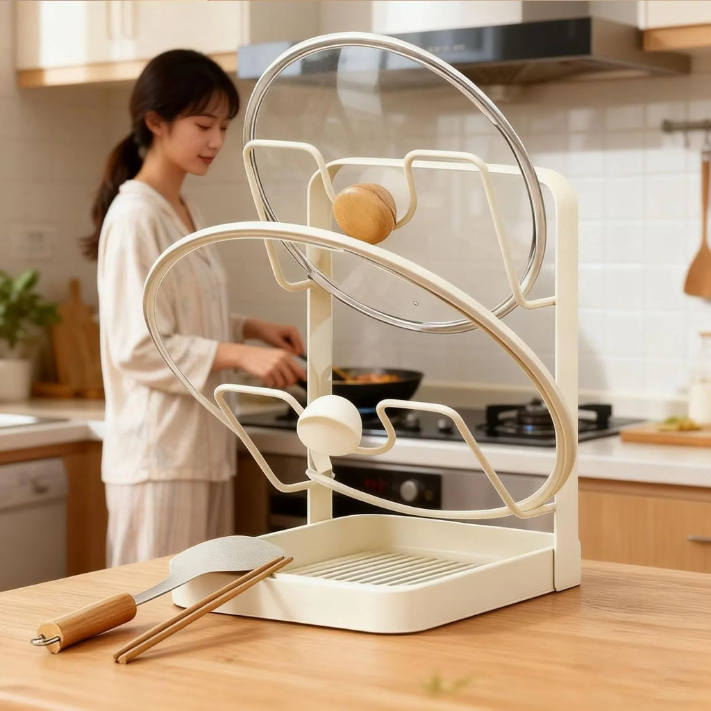 Kitchen Pot Lid Storage Rack 304 Stainless Steel Pot Lid Holder While Cooking Multifunctional Kitchen Pot Cover Organizer for Countertop With Removable Drip Tray