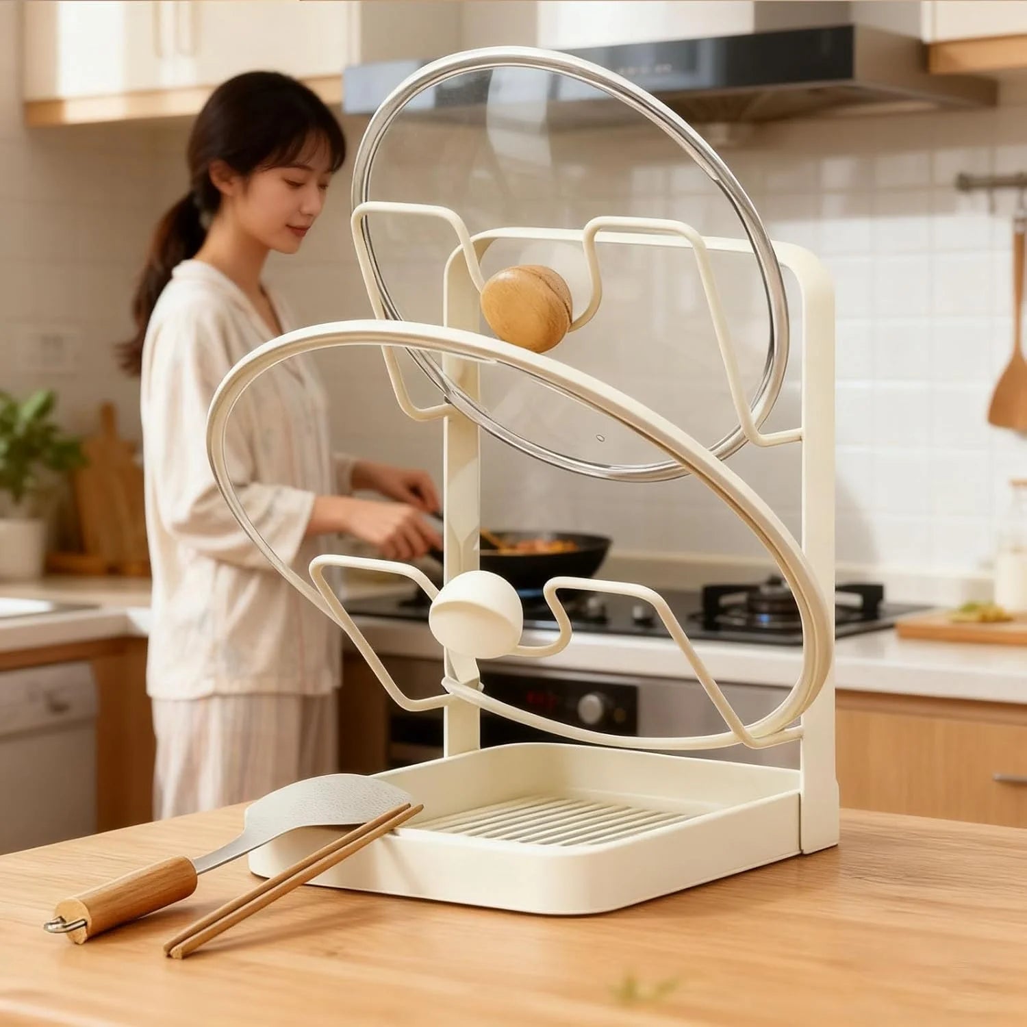 Kitchen Pot Lid Storage Rack 304 Stainless Steel Pot Lid Holder While Cooking Multifunctional Kitchen Pot Cover Organizer for Countertop With Removable Drip Tray