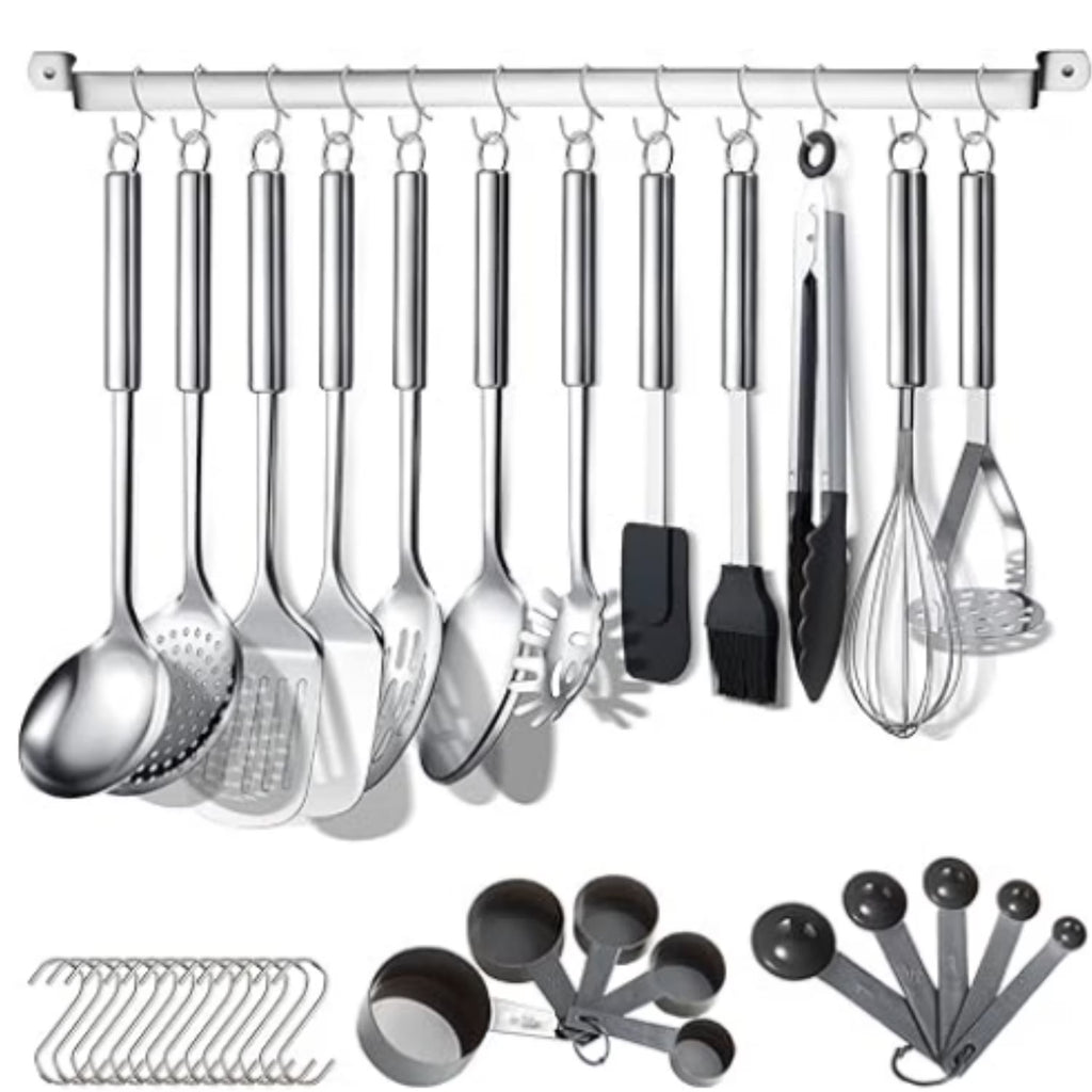 Kitchen Utensils Set 38 Pieces Stainless Steel Cooking Utensils Set Kitchen Gadgets Cookware Kitchen Tool Set with Utensil Holder Rack And Hooks For Hanging Dishwasher Safe