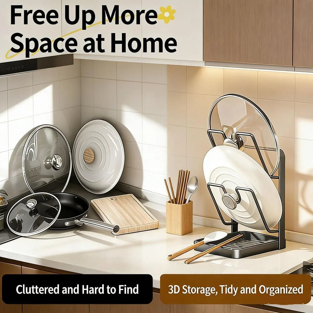 Kitchen Pot Lid Storage Rack Stainless Steel Pot Lid Holder While Cooking &amp; Spoon Rest Multifunctional Pot Lid Organizer with Removable Drip Tray for Countertop Space-Saving Lid Rack
