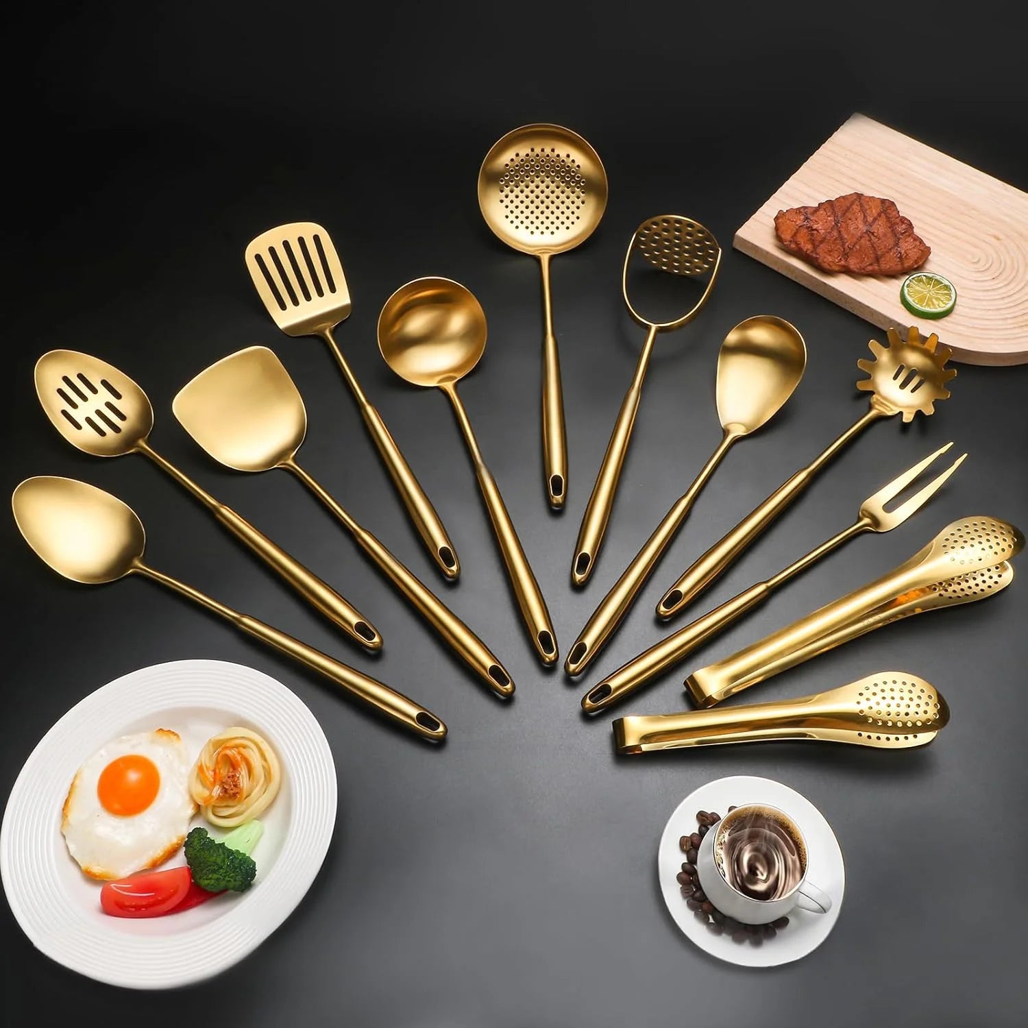 304 Stainless Steel Cooking Utensils,6 Pcs Kitchen Cooking Utensils Set with Spatula Solid Spoon Ladle Skimmer Spaghetti Spoon,Dishwasher Safe(Gold)