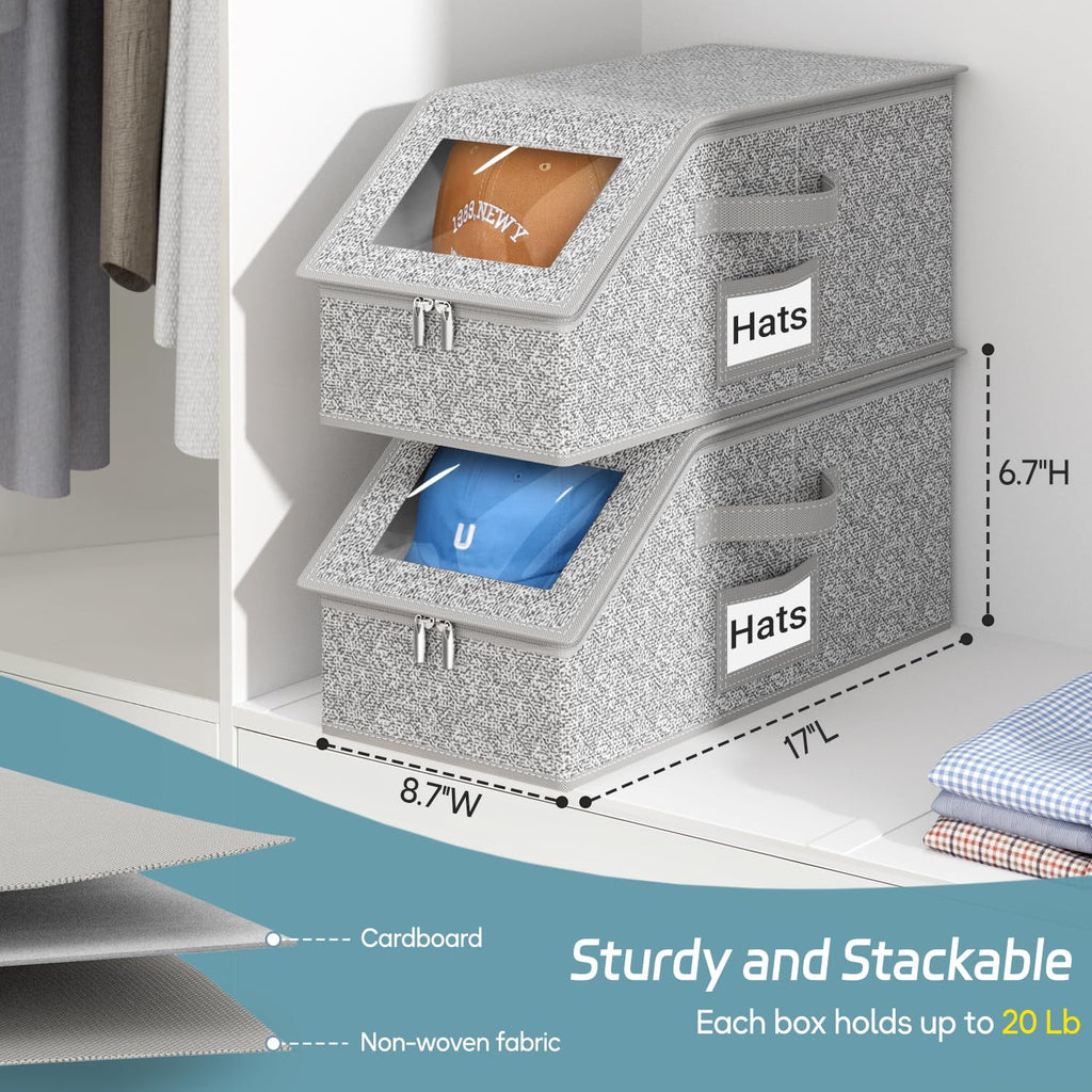 2 Pcs Stackable Hat Storage for Baseball Caps Holds up to 24 Caps Hat Organizer for Closet Sturdy Snapback Boxes for Men with Cardboard Grey