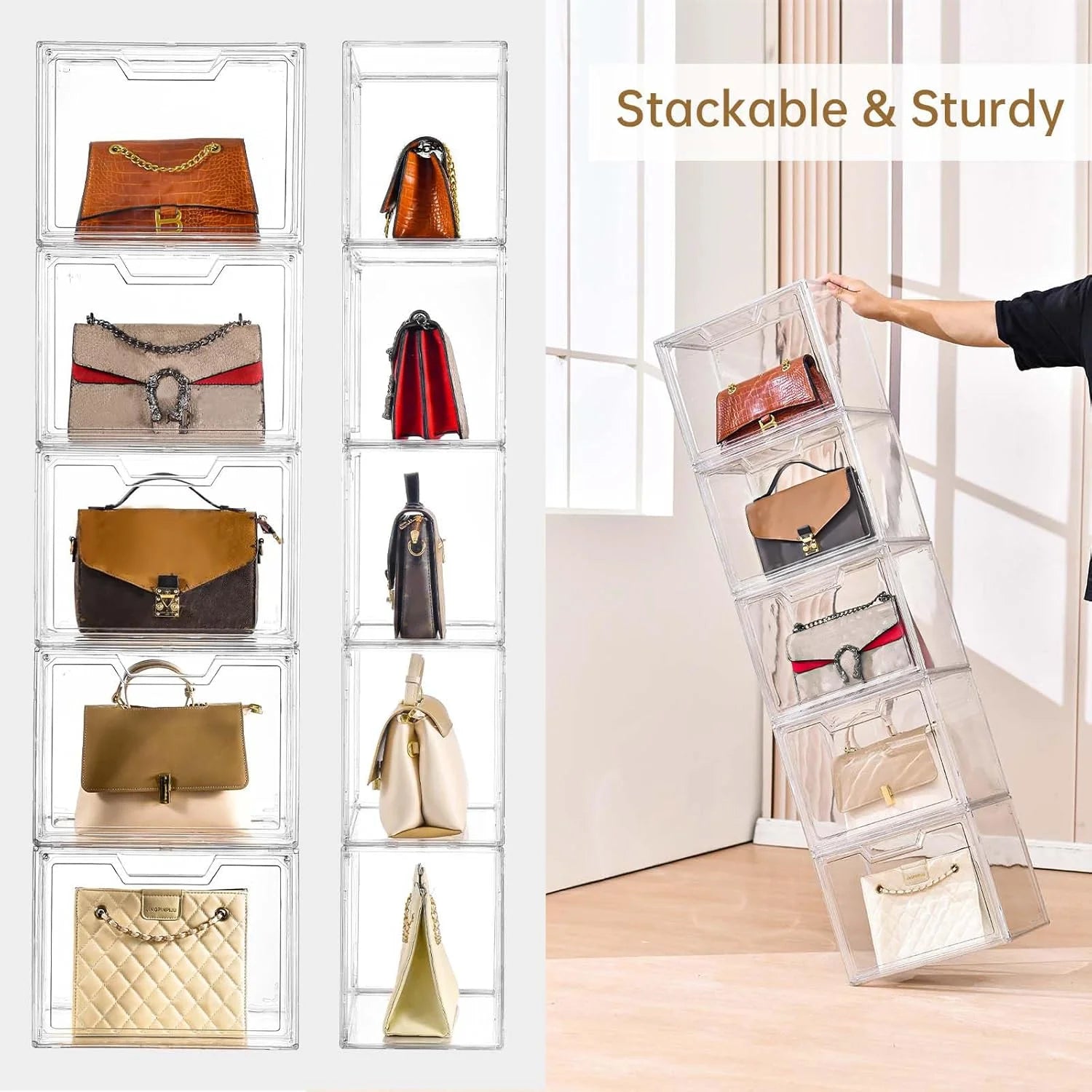 3 Pack Clear Storage Bins with Lids Storage Containers with Magnetic Door Stackable Acrylic Display Case for Handbags Cosmetic Multifunctional Storage Boxes for Dorm Living Room Bedroom Storage
