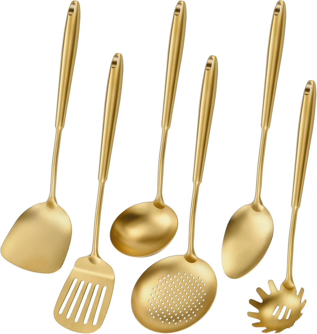 304 Stainless Steel Cooking Utensils,6 Pcs Kitchen Cooking Utensils Set with Spatula Solid Spoon Ladle Skimmer Spaghetti Spoon,Dishwasher Safe(Gold)