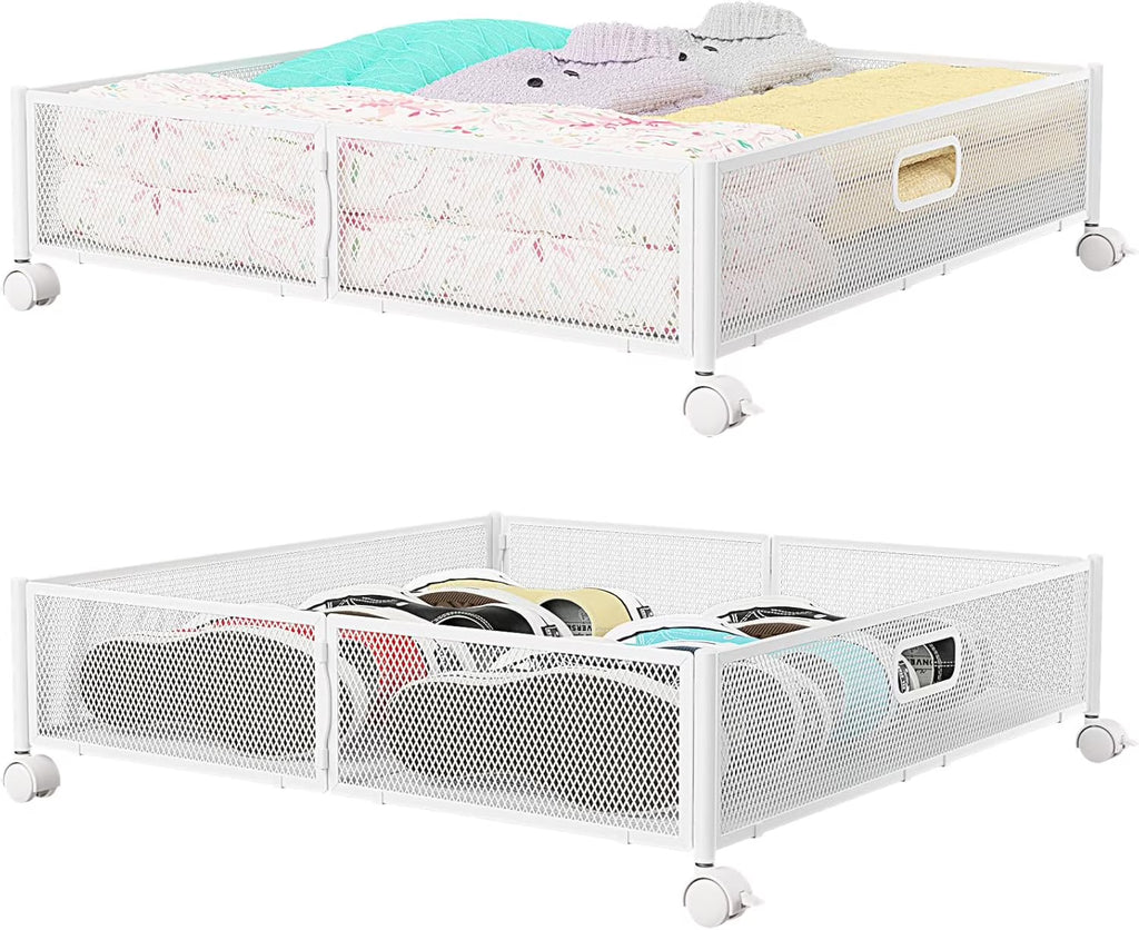 Under Bed Storage Containers with Wheels - Shoe Storage Organizer Drawer Tool-free Assembly Metal Underbed Storage Containers for Bedroom Clothes Shoes Blankets - 2Pack