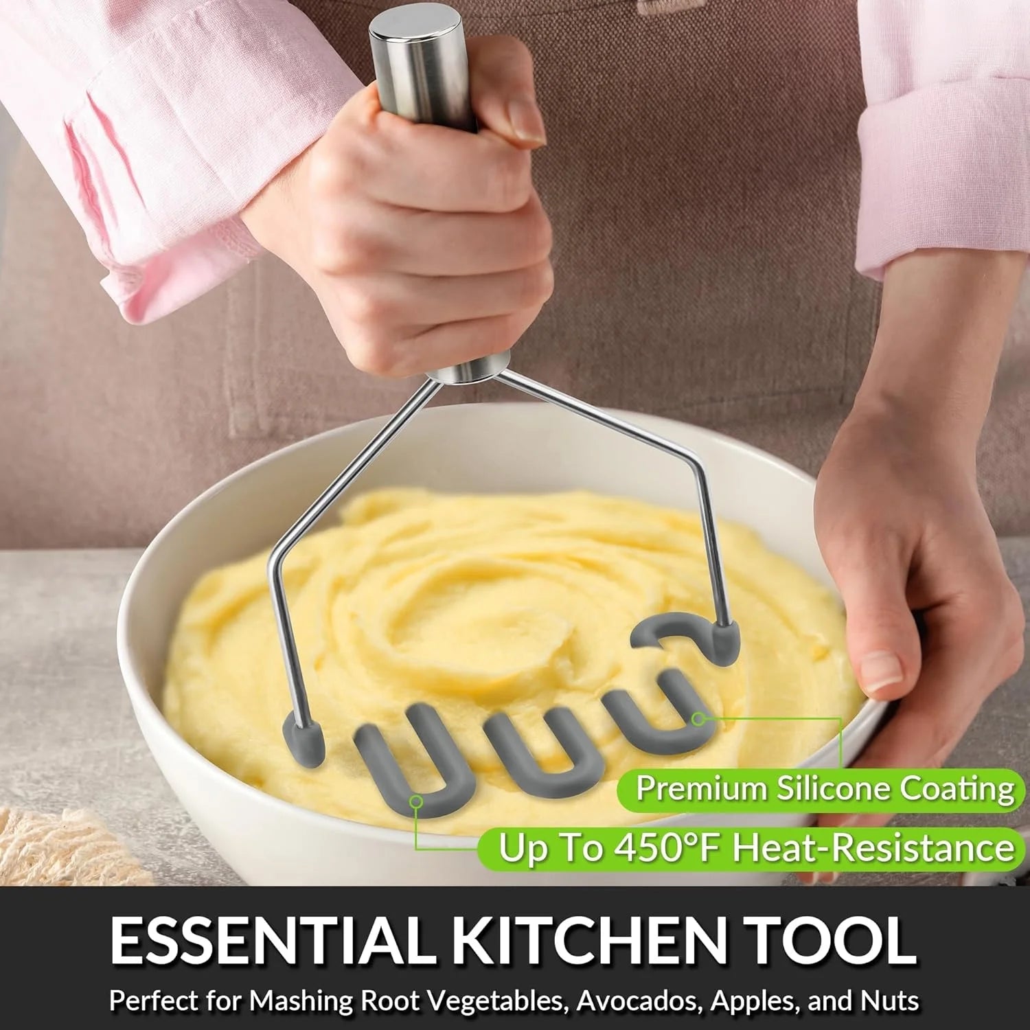 Scratch-resistant silicone potato masher kitchen tool potato masher stainless steel wrapped high quality silicone potato smasher gray