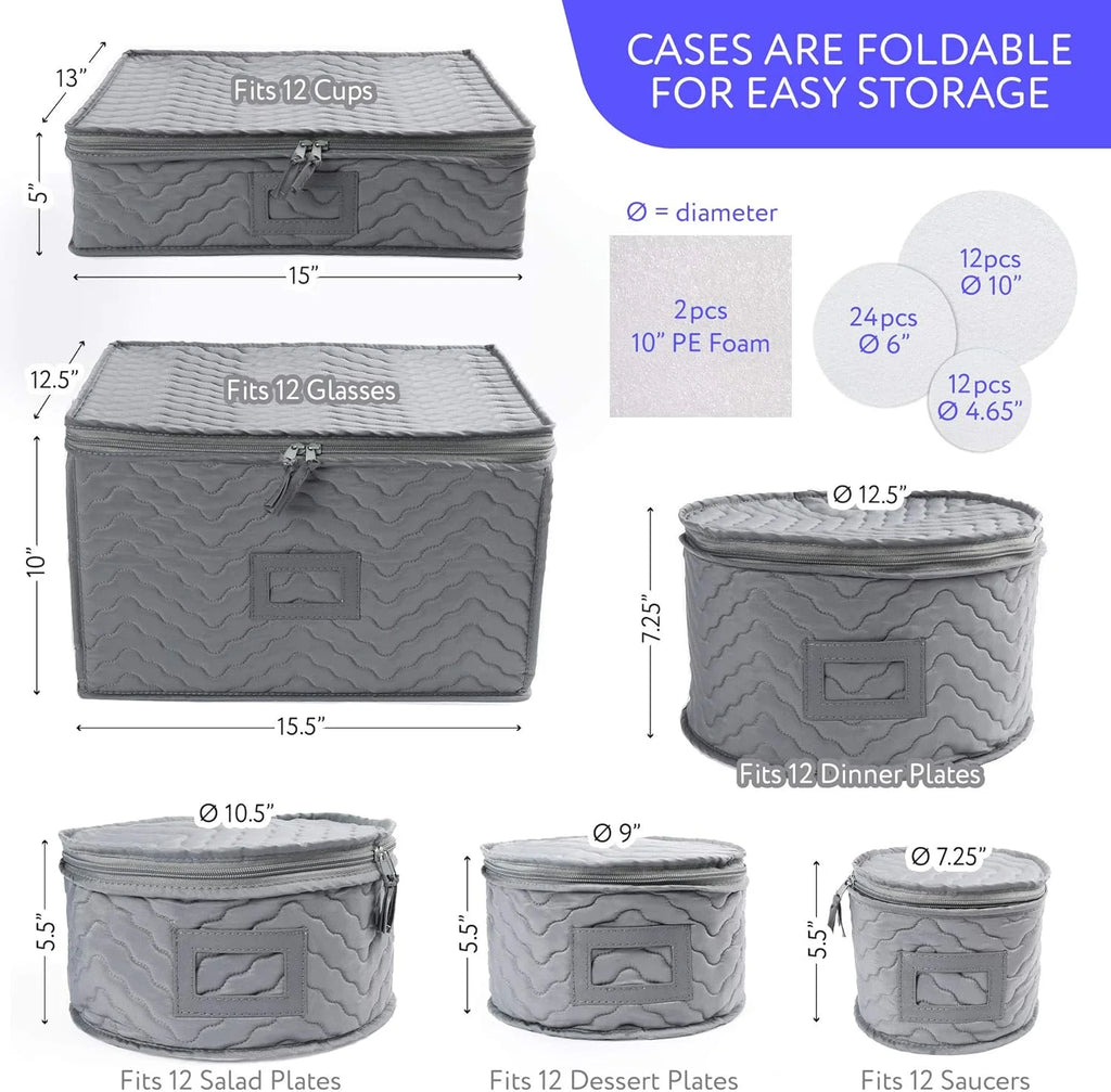 China Storage Containers - Quilted 6-Piece Set Storage Box- Stores Chinaware Stemware Dinnerware Dish Storage Service for 12 48 Pcs Felt Protectors Cardboard Dividers Included