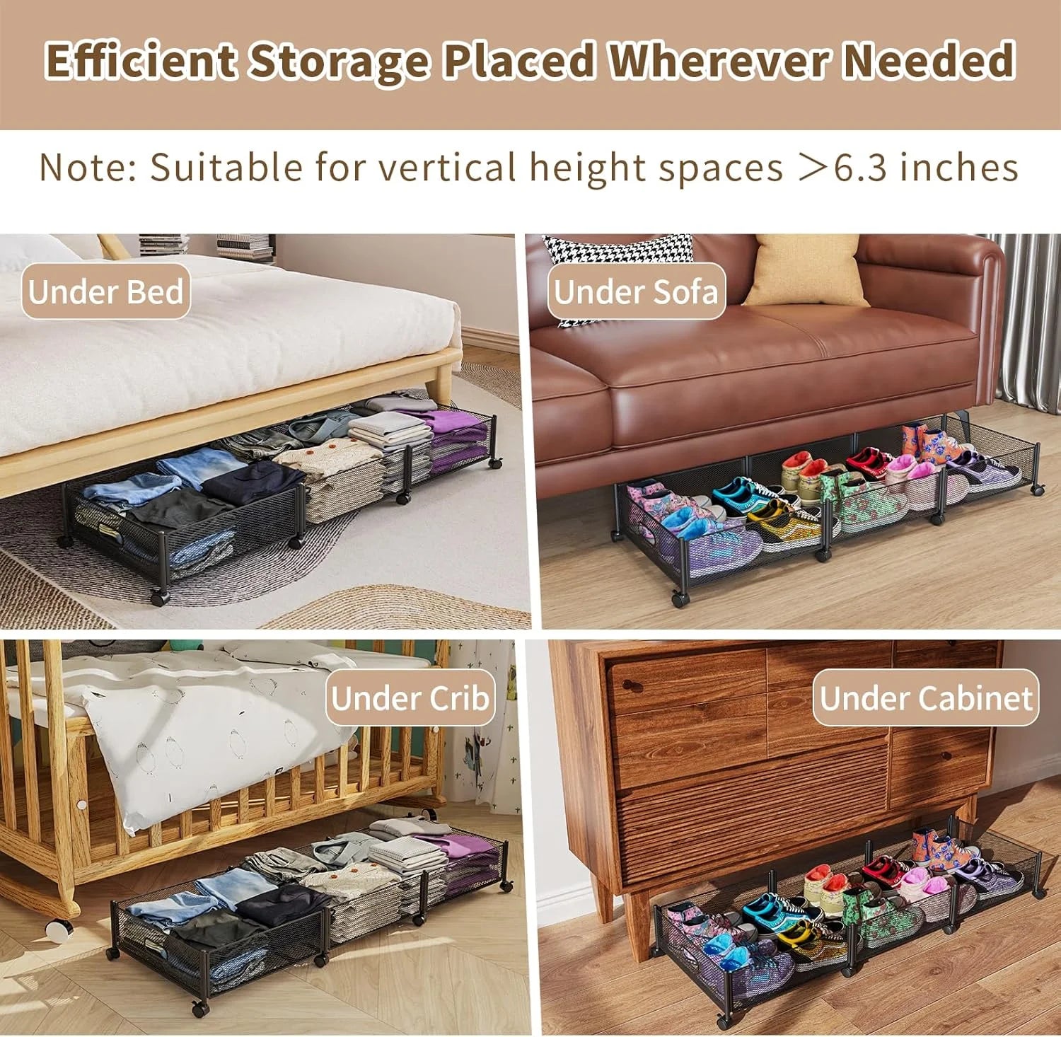 47.2'' Long Under Bed Storage on Wheels 57.6L Large Capacity Rolling Under the Bed Storage Containers Tool-Free Assembly Foldable Underbed Shoes Clothes Toy Drawers