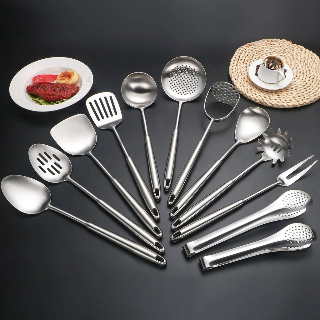 304 Stainlss Steel Kitchen Utensils Set 12 Pcs Long Metal Cooking Utensil Gadgets Tools Set with Spatula Ladle Spoon Ladle Skimmer Tunner Pasta Server Tongs(Silver Dishwasher Safe)