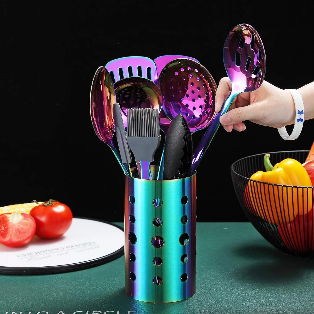 Rainbow Kitchen Utensil Set 13-Piece Stainless Steel Cookware Set Titanium Rainbow Plating Kitchen Tool Set with Cutlery Holder Suitable for Non-stick Cookware Dishwasher Safe