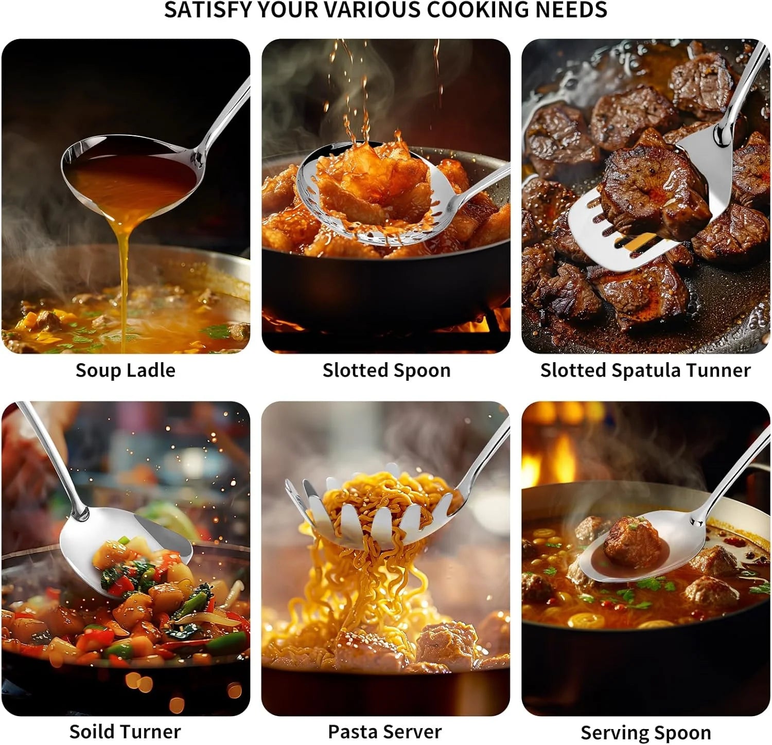 304 Stainless Steel Cooking Utensils Set,6 Pcs Long Metal Kitchen Utensils Set with Spatula Solid Spoon Ladle Skimmer Spaghetti Spoon,Dishwasher Safe