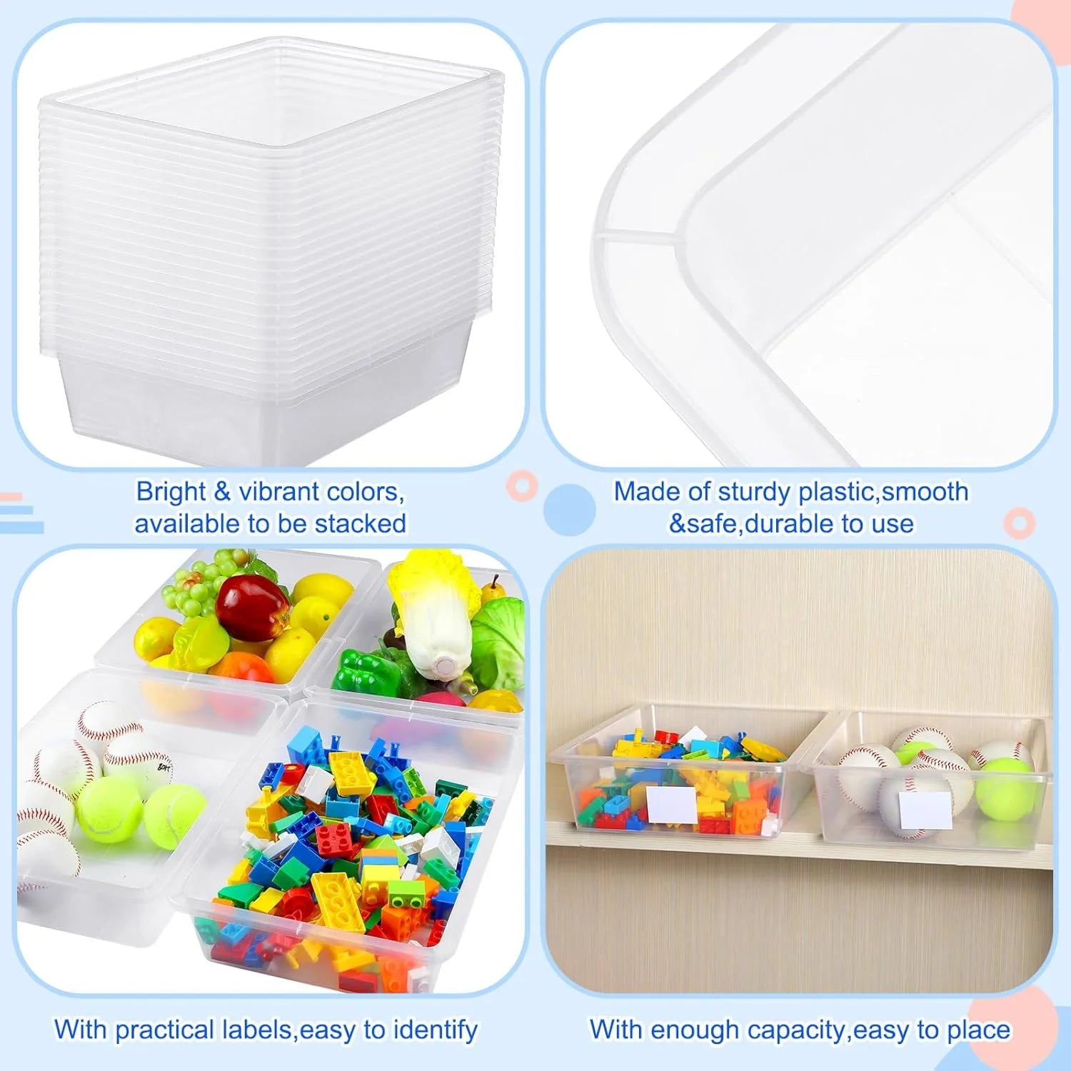 24 Pcs Plastic Cubby Storage Bins Classroom Cubby Organization with Self Adhesive Labels Bin Small Stackable Storage Containers Toy Book Box for School(14 x 10 x 3 Inch,Clear)