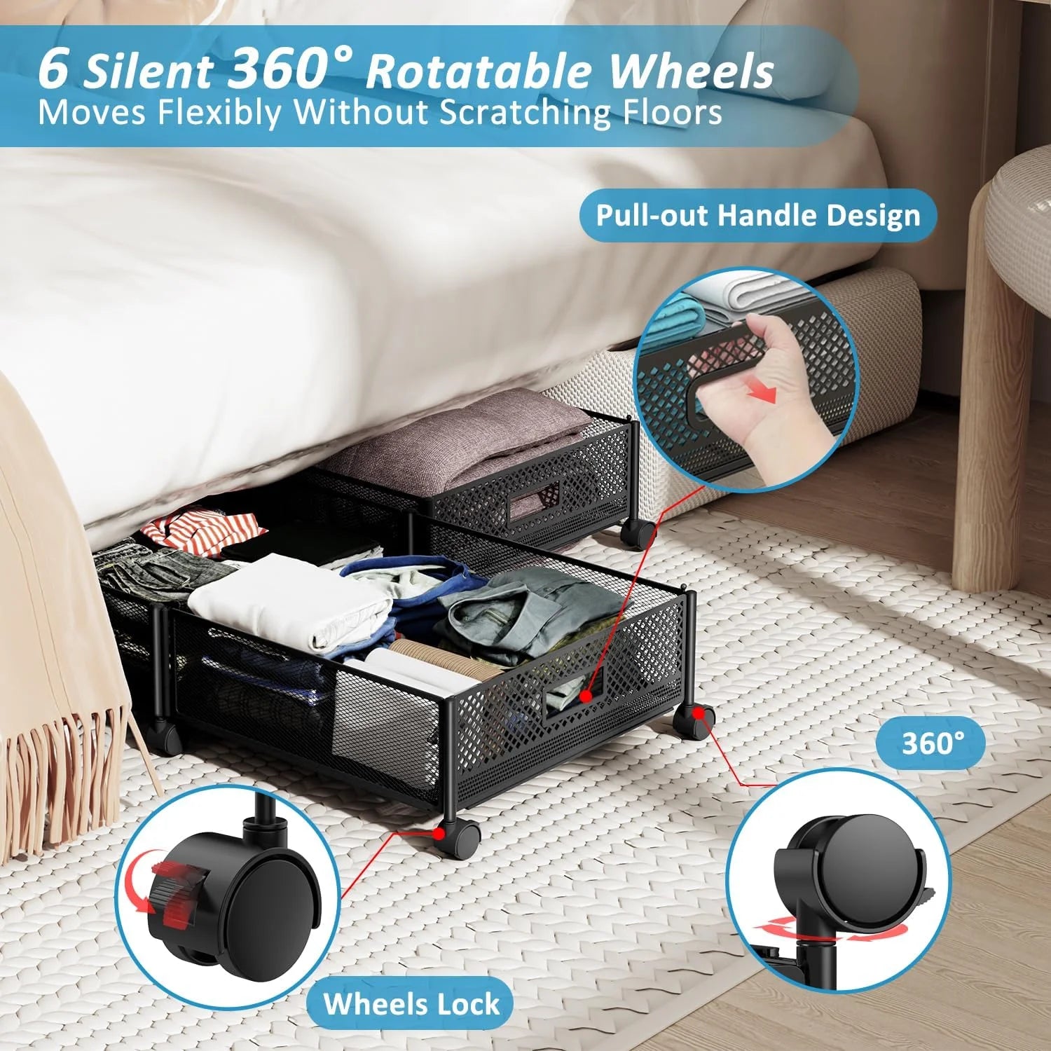 47.2'' Long Under Bed Storage on Wheels 57.6L Large Capacity Rolling Under the Bed Storage Containers Tool-Free Assembly Foldable Underbed Shoes Clothes Toy Drawers