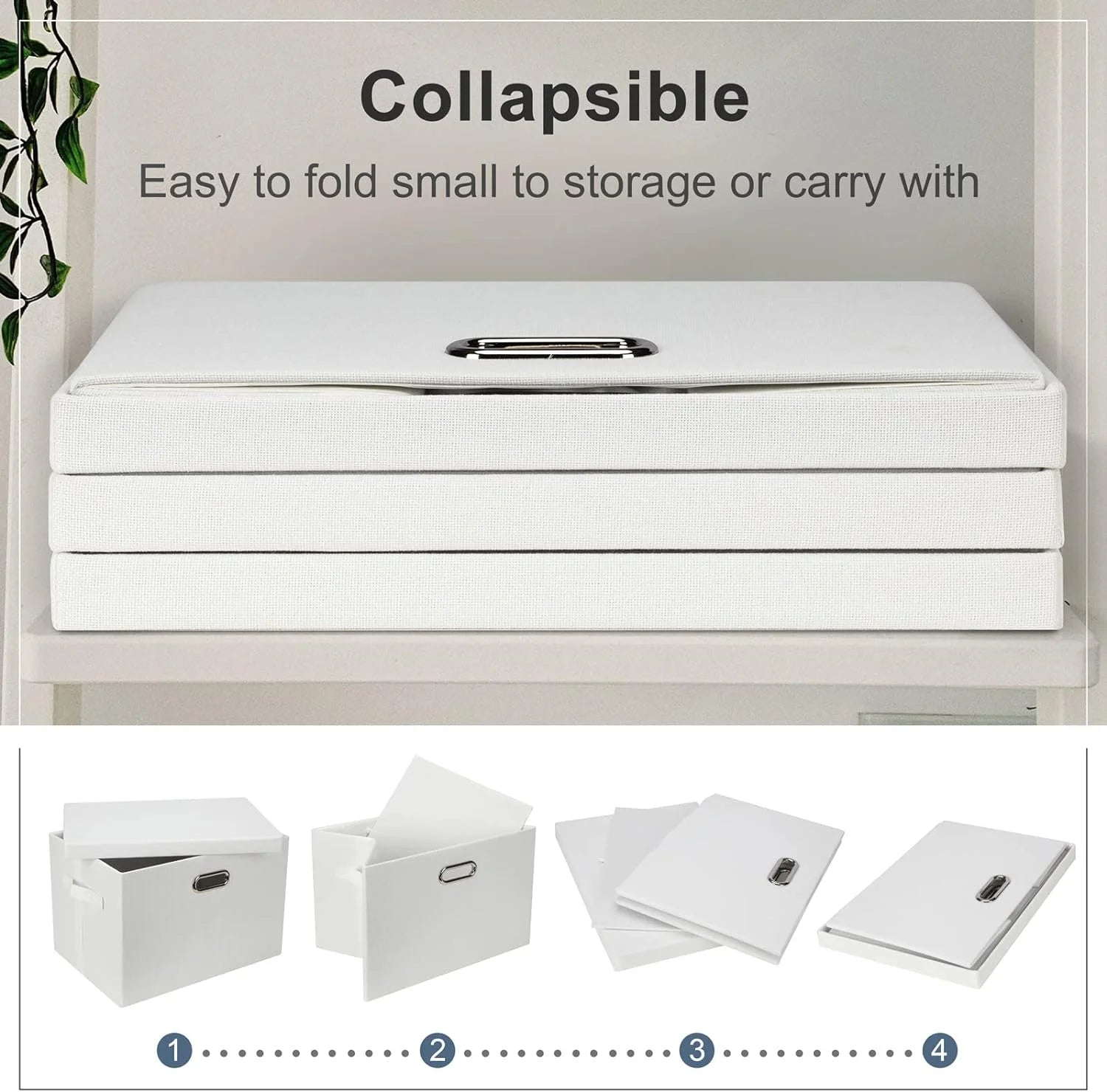 Large 17" 36 Quart Collapsible Stackable Storage Bins with Lids 3 Packs White Linen Fabric Closet Boxes with Lids Storage Cube Baskets Container Organizers for Bedroom Office(17 x12 x11)