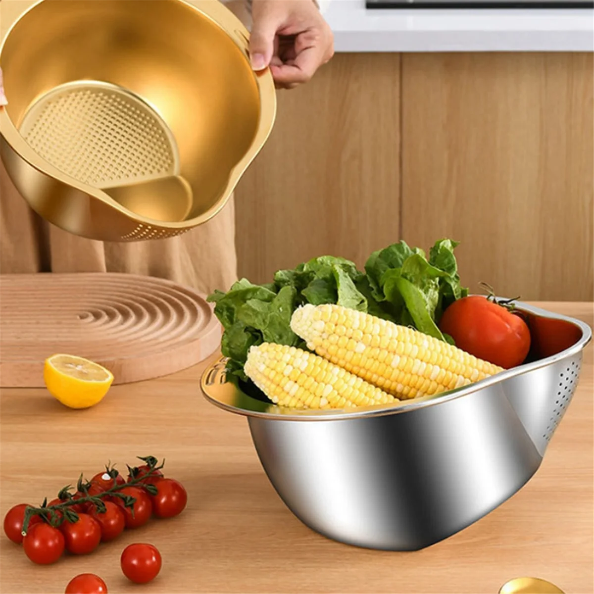 Rice Washer Strainer Bowl Stainless Steel Washing Colander Fruit and Vegetable Kitchen Tool A