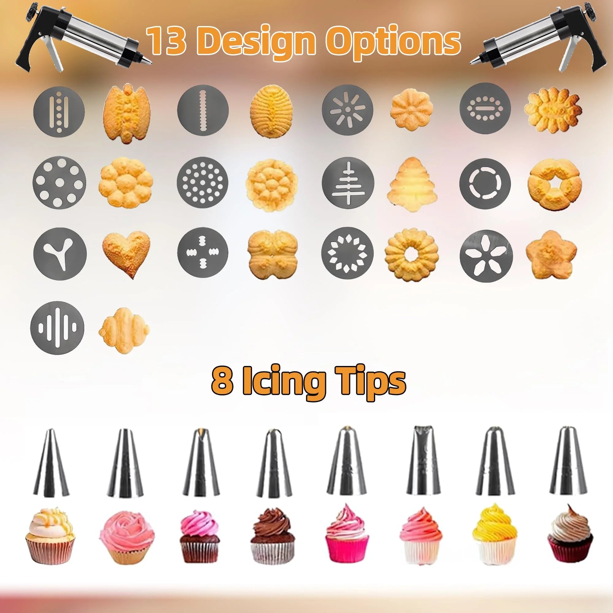 Stainless Steel Cookies Press Cookies Press for Baking,Cookie Press Gun Kit with 13 Cookie Discs and 8 Piping Tips for DIY cake Maker Decorating Baking Supplies