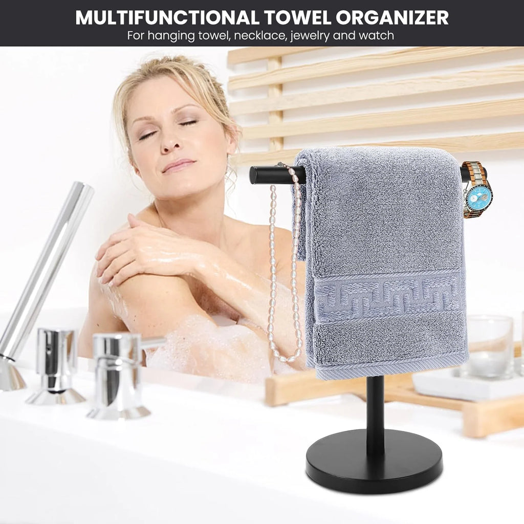 T-Shape Bath Hand Towel Holder Stand Stainless Steel Free Standing Hand Towel Rack with Heavy Base for Bathroom Kitchen &amp; Countertop Matte Black