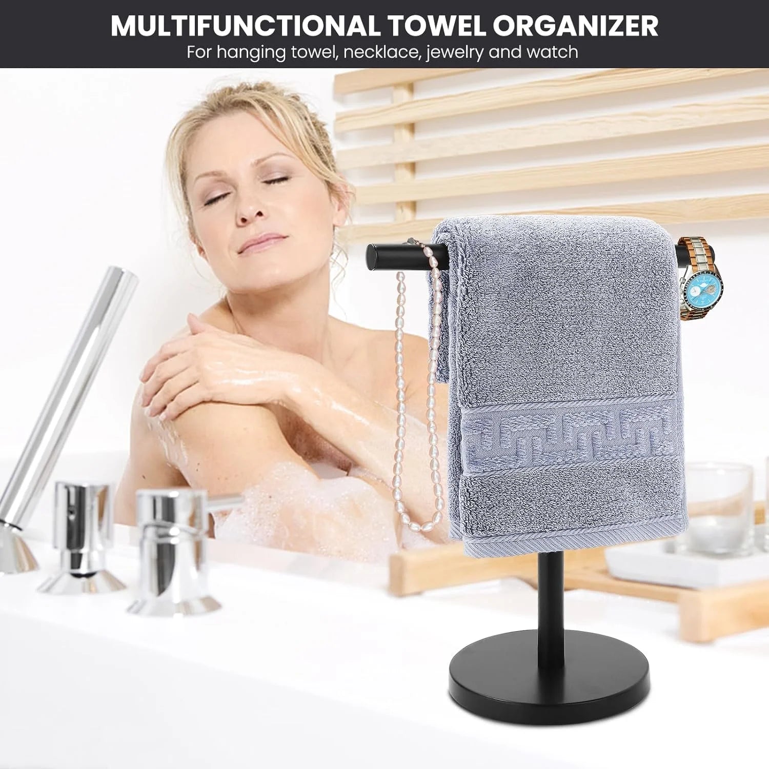 T-Shape Bath Hand Towel Holder Stand Stainless Steel Free Standing Hand Towel Rack with Heavy Base for Bathroom Kitchen &amp; Countertop Matte Black