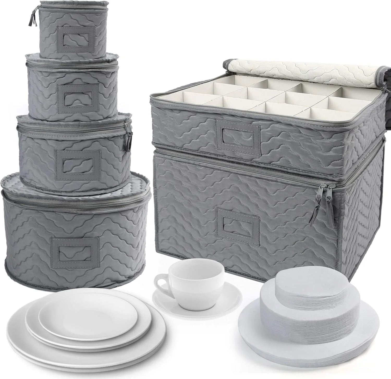 China Storage Containers - Quilted 6-Piece Set Storage Box- Stores Chinaware Stemware Dinnerware Dish Storage Service for 12 48 Pcs Felt Protectors Cardboard Dividers Included
