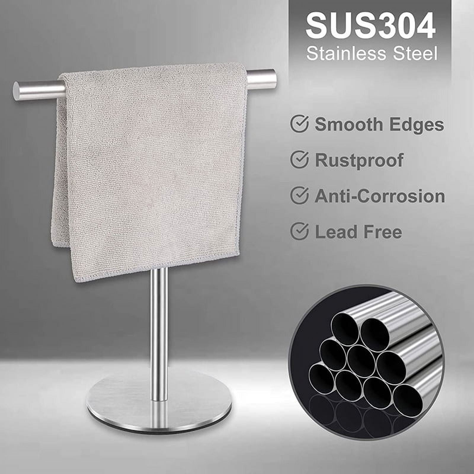 Brushed Standing Towel Rack Heavy Duty Base Stainless Steel T-Shaped Hand Towel Stand for Bathroom Kitchen.