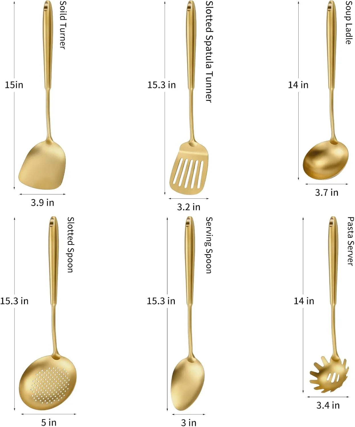 304 Stainless Steel Cooking Utensils,6 Pcs Kitchen Cooking Utensils Set with Spatula Solid Spoon Ladle Skimmer Spaghetti Spoon,Dishwasher Safe(Gold)