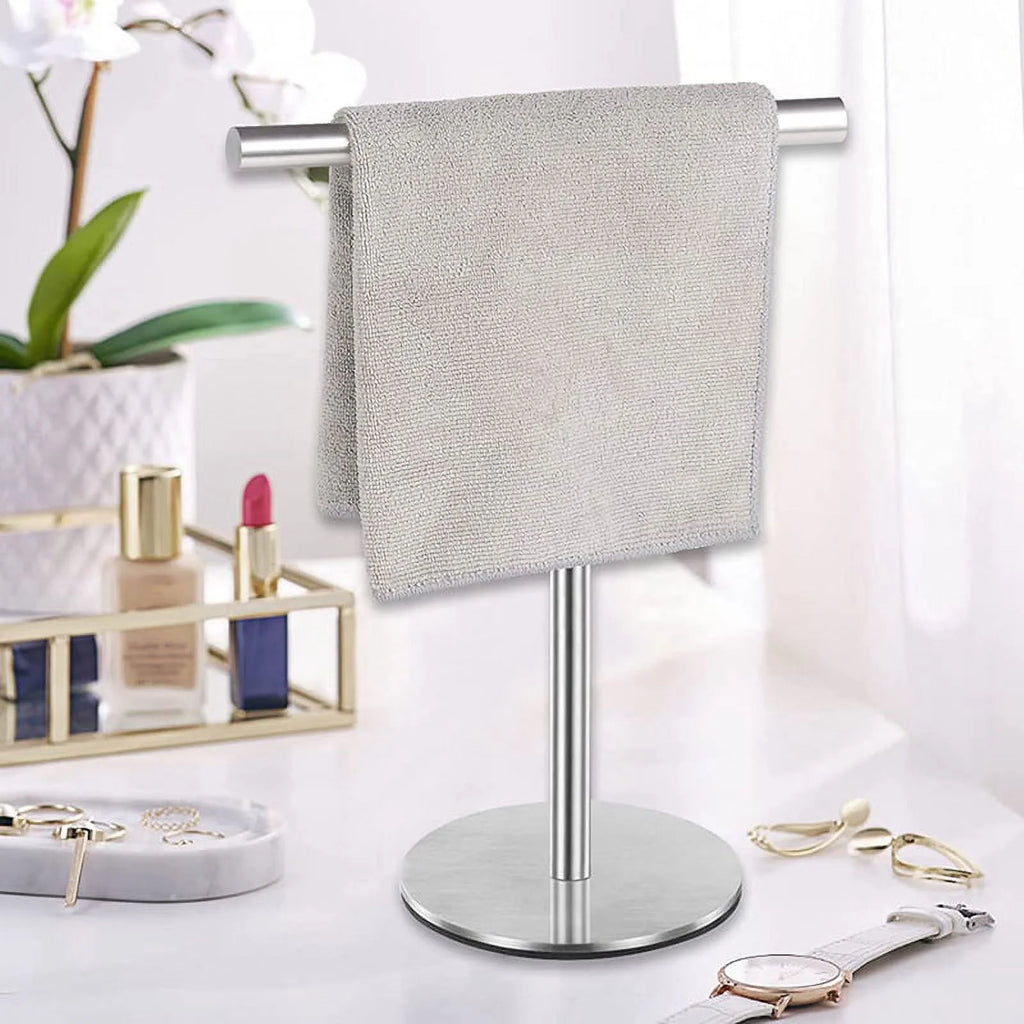 Brushed Standing Towel Rack Heavy Duty Base Stainless Steel T-Shaped Hand Towel Stand for Bathroom Kitchen.