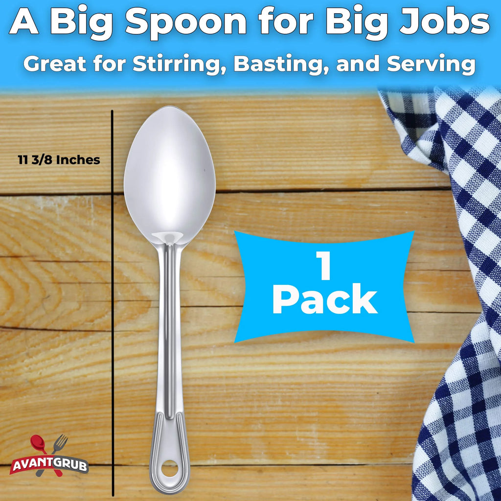 Super Strong 11 Inch Serving Spoon Ergonomic Stainless Steel Cooking Utensil Large Basting Spoon for Professional Restaurant Buffet Banquet Service and Home Chefs Silver