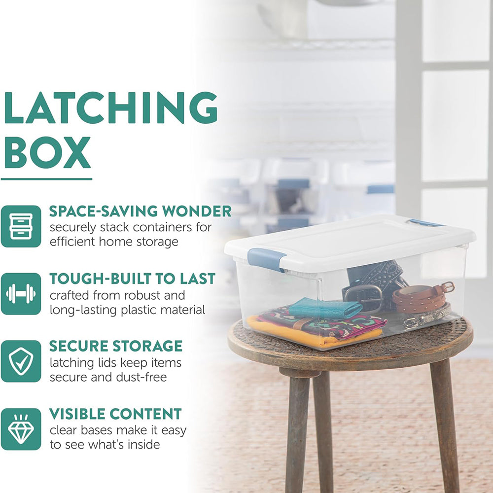 15 Qt Latching Storage Box Stackable Bin with Latch Lid Plastic Container to Organize Closet Shelf Clear with White Lid 12-Pack