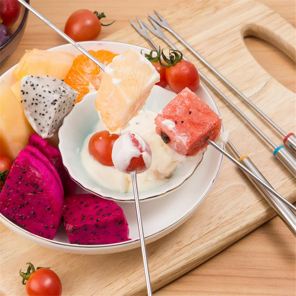 12PCS 9.5 Inch Color-Coded Stainless Steel Fondue Forks Cheese Fork Fruit with Heat-Blocking