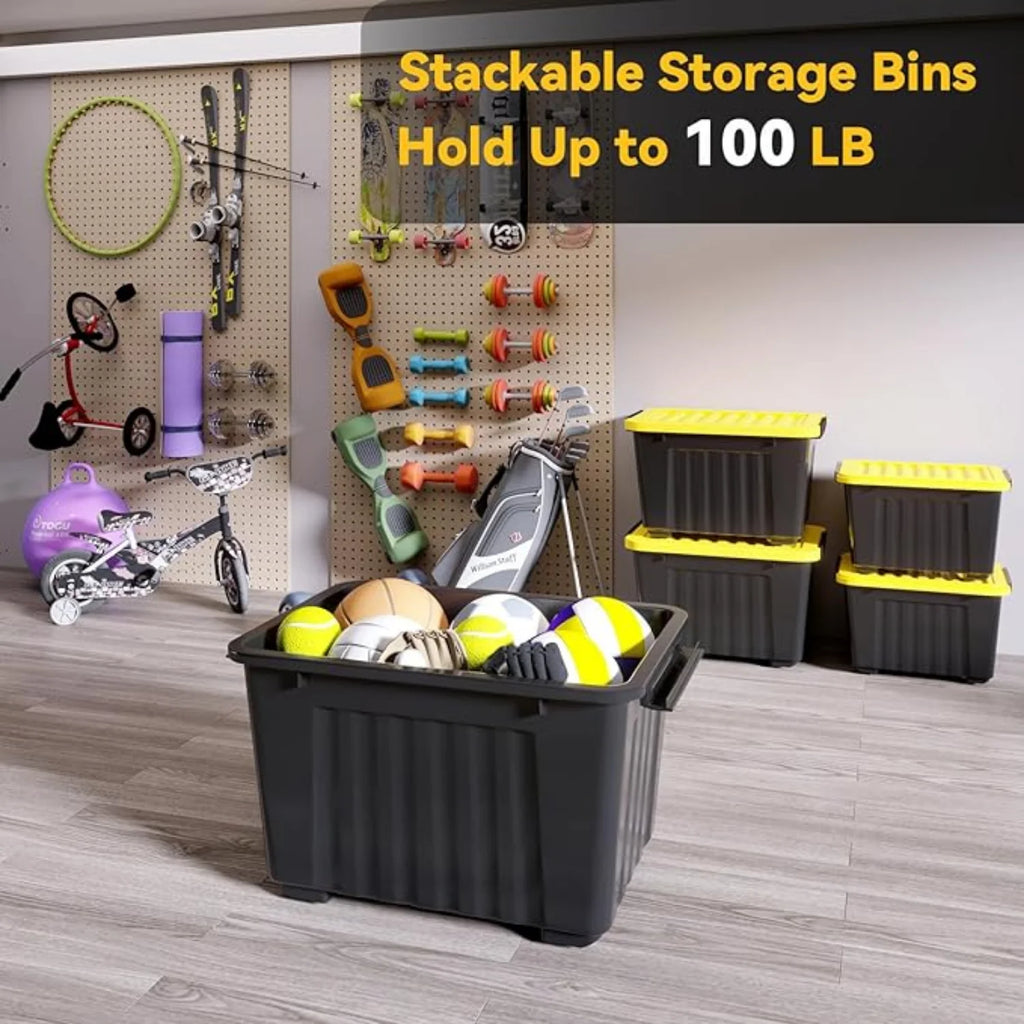 72Quart Plastic Storage Bin Stackable and Nestable Storage Boxes with White Lids and Secure Latching Buckles Large Storage Container (Black/Yellow 72Quart-6Pack)