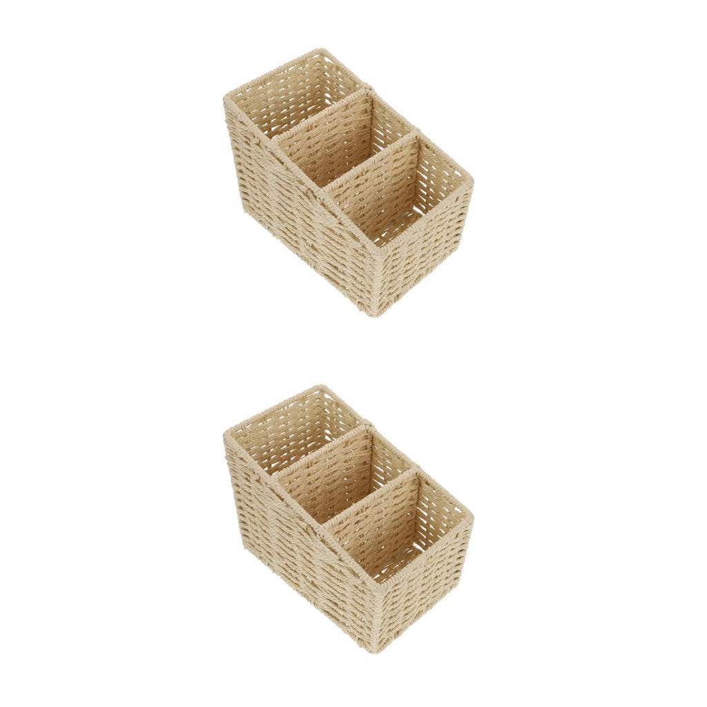 2pcs Woven 3 Compartments Woven Storage Box Bin Makeup Container Cube Organizer Divider for Home Bathroom Bedroom Closet Table Remote Beige