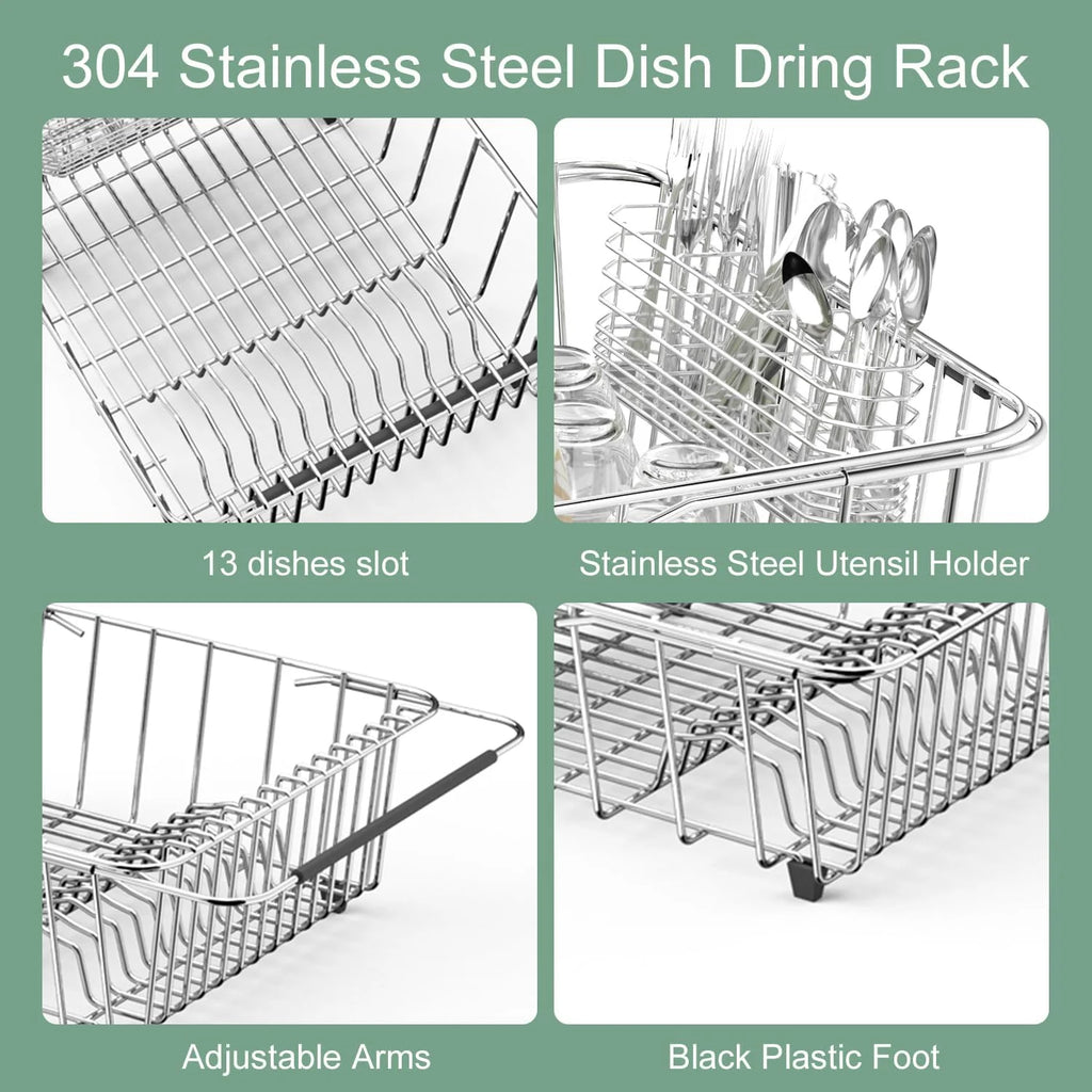 Dish Drying Rack in-Sink 304 Stainless Steel Dish Drainer with Stainless Steel Silverware Holder Over Inside Sink-Adjustable