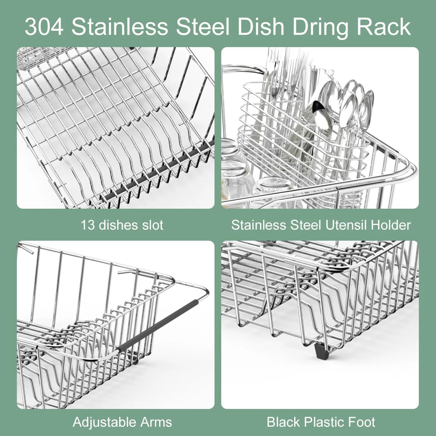 Dish Drying Rack in-Sink 304 Stainless Steel Dish Drainer with Stainless Steel Silverware Holder Over Inside Sink-Adjustable